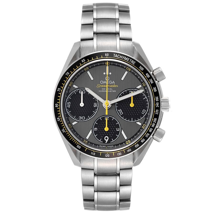 Omega Speedmaster Racing Co-Axial Mens Watch 326.30.40.50.06.001 Box Card. COSC-certified Omega automatic chronograph movement with a column-wheel mechanism, a Co-Axial Escapement, and a silicon balance spring. Caliber 3330. Stainless steel round