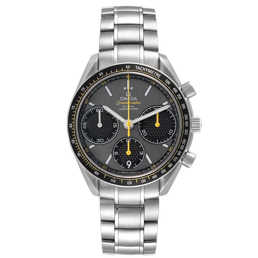 Omega Speedmaster Racing Co-Axial Mens Watch 326.30.40.50.06.001 Box Card. COSC-certified Omega automatic chronograph movement with a column-wheel mechanism, a Co-Axial Escapement, and a silicon balance spring. Caliber 3330. Stainless steel round