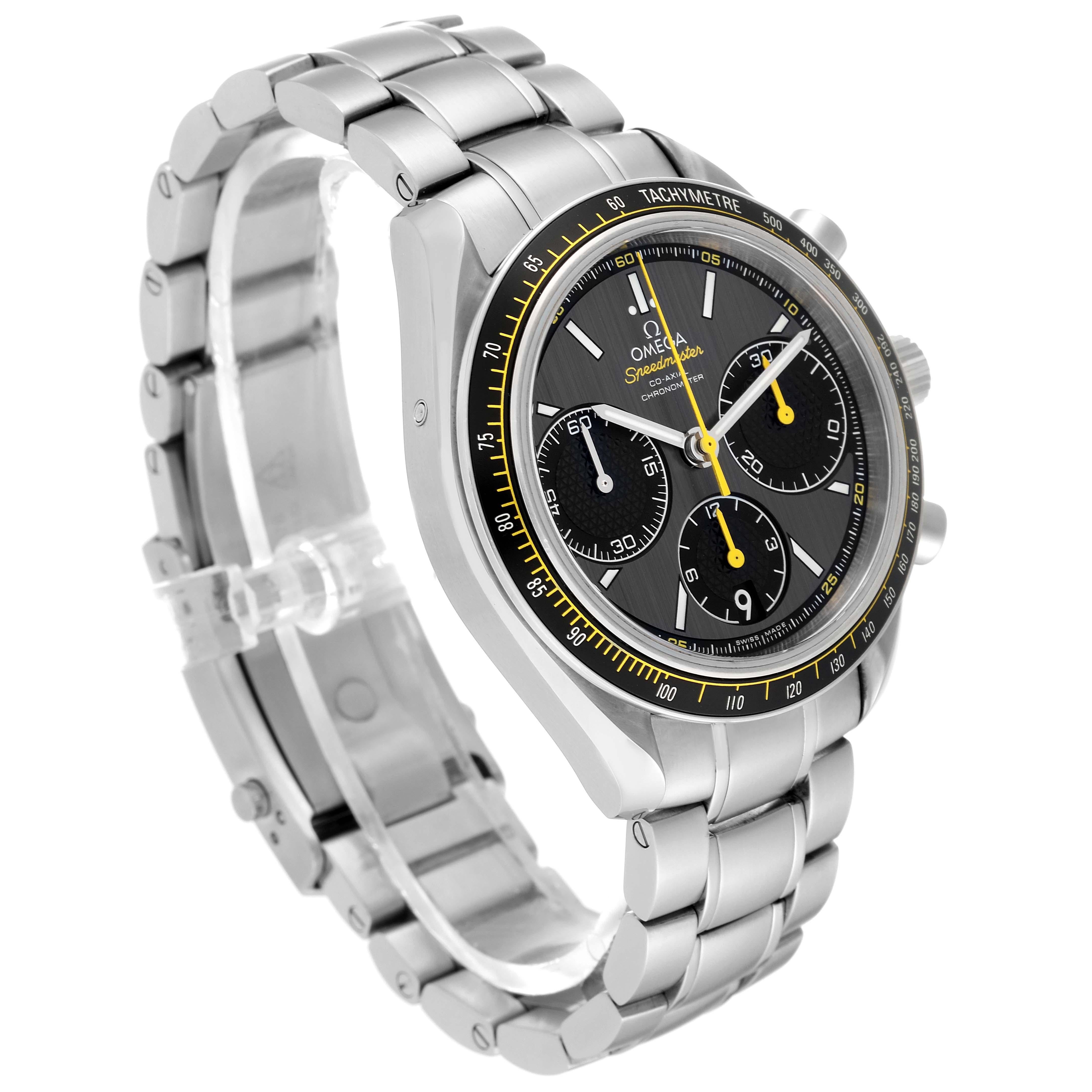 Omega Speedmaster Racing Co-Axial Steel Mens Watch 326.30.40.50.06.001. COSC-certified Omega automatic chronograph movement with a column-wheel mechanism, a Co-Axial Escapement, and a silicon balance spring. Caliber 3330. Stainless steel round case