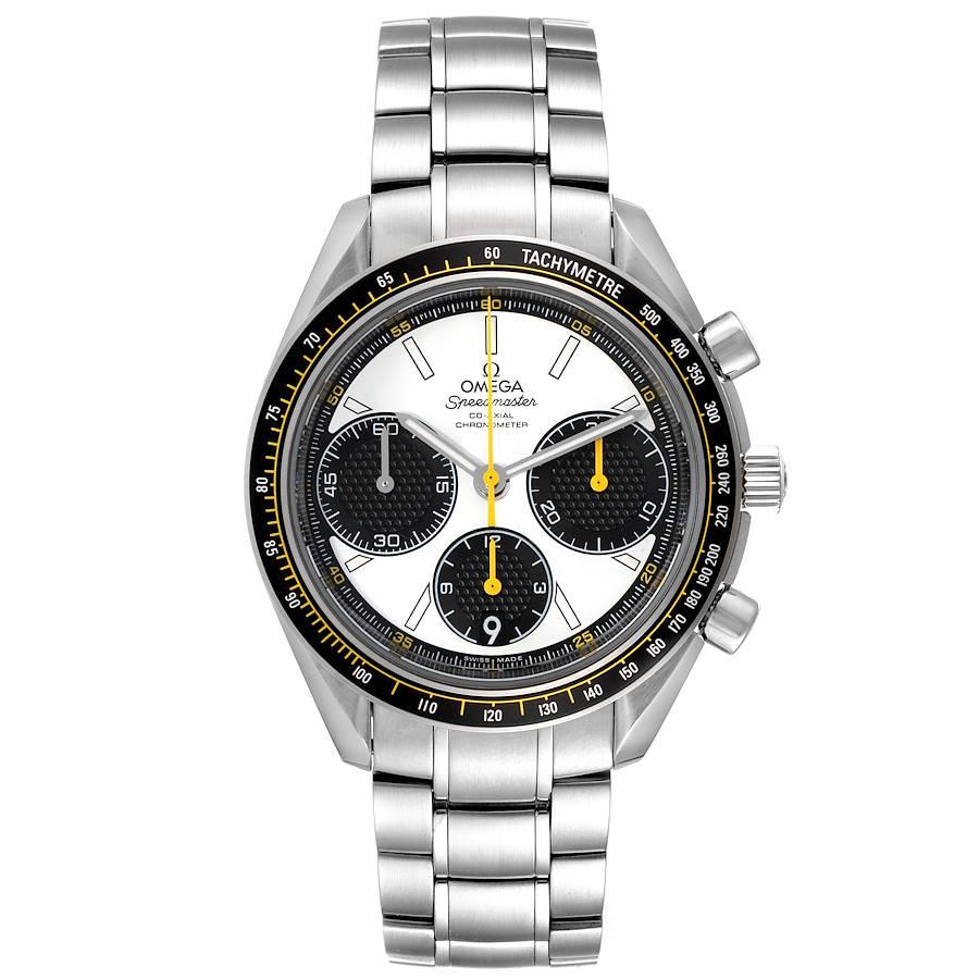 Omega Speedmaster Racing Co-Axial Watch 326.30.40.50.04.001 Box Card. COSC-certified Omega automatic chronograph movement with a column-wheel mechanism, a Co-Axial Escapement, and a silicon balance spring. Caliber 3330. Stainless steel round case