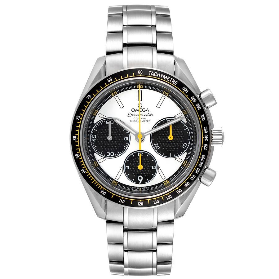 Omega Speedmaster Racing Co-Axial Uhr 326.30.40.50.04.001 Box-Karte. COSC-zertifiziertes automatisches Omega-Chronographenwerk mit Säulenradmechanismus, Co-Axial Hemmung und Silizium-Unruhspirale. Kaliber 3330. Rundes Edelstahlgehäuse mit einem
