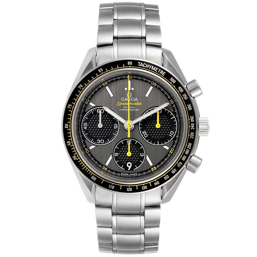 Omega Speedmaster Racing Co-Axial Watch 326.30.40.50.06.001 Box Card. COSC-certified Omega automatic chronograph movement with a column-wheel mechanism, a Co-Axial Escapement, and a silicon balance spring. Caliber 3330. Stainless steel round case