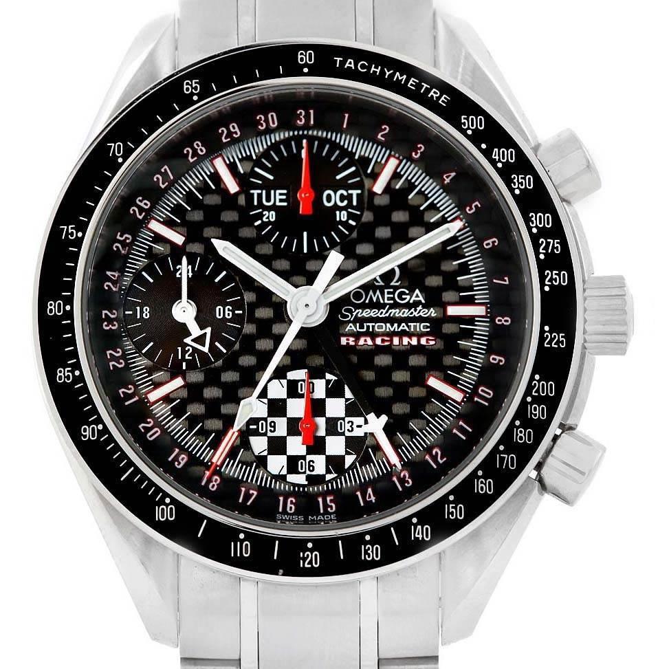 OMEGA SPEEDMASTER RACING LIMITED EDITION WATCH 3529.50.00
*INCLUDES BOX AND PAPERS.

Condition: Mint
Case Size: 39mm
Movement: Automatic
Power Reserve: 44-hour 
Dial: Black Carbon Fibre with Luminous Hands and Index Hour Markers
Bezel: Fixed Black