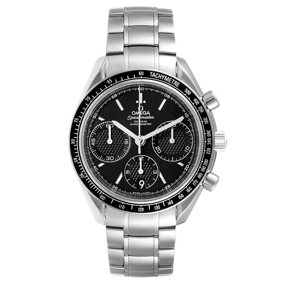 Omega Speedmaster Racing Mens Watch 326.30.40.50.01.001 Box Cards. COSC-certified Omega automatic chronograph movement with a column-wheel mechanism, a Co-Axial Escapement, and a silicon balance spring. Caliber 3330. Stainless steel round case 40.0