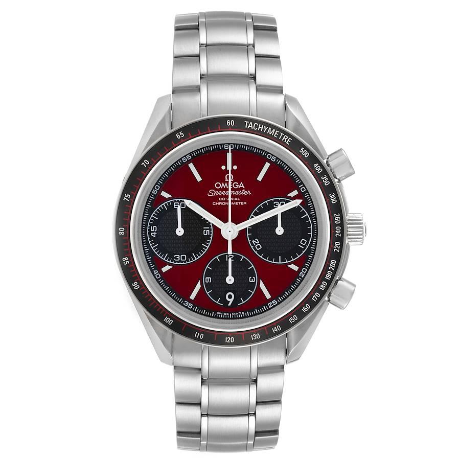 Omega Speedmaster Racing Red Dial Mens Watch 326.30.40.50.11.001 Box Card. Automatic Self-winding chronograph movement with column-wheel mechanism and Co-Axial escapement. Free sprung-balance equipped with Si14 silicon balance spring. Officially