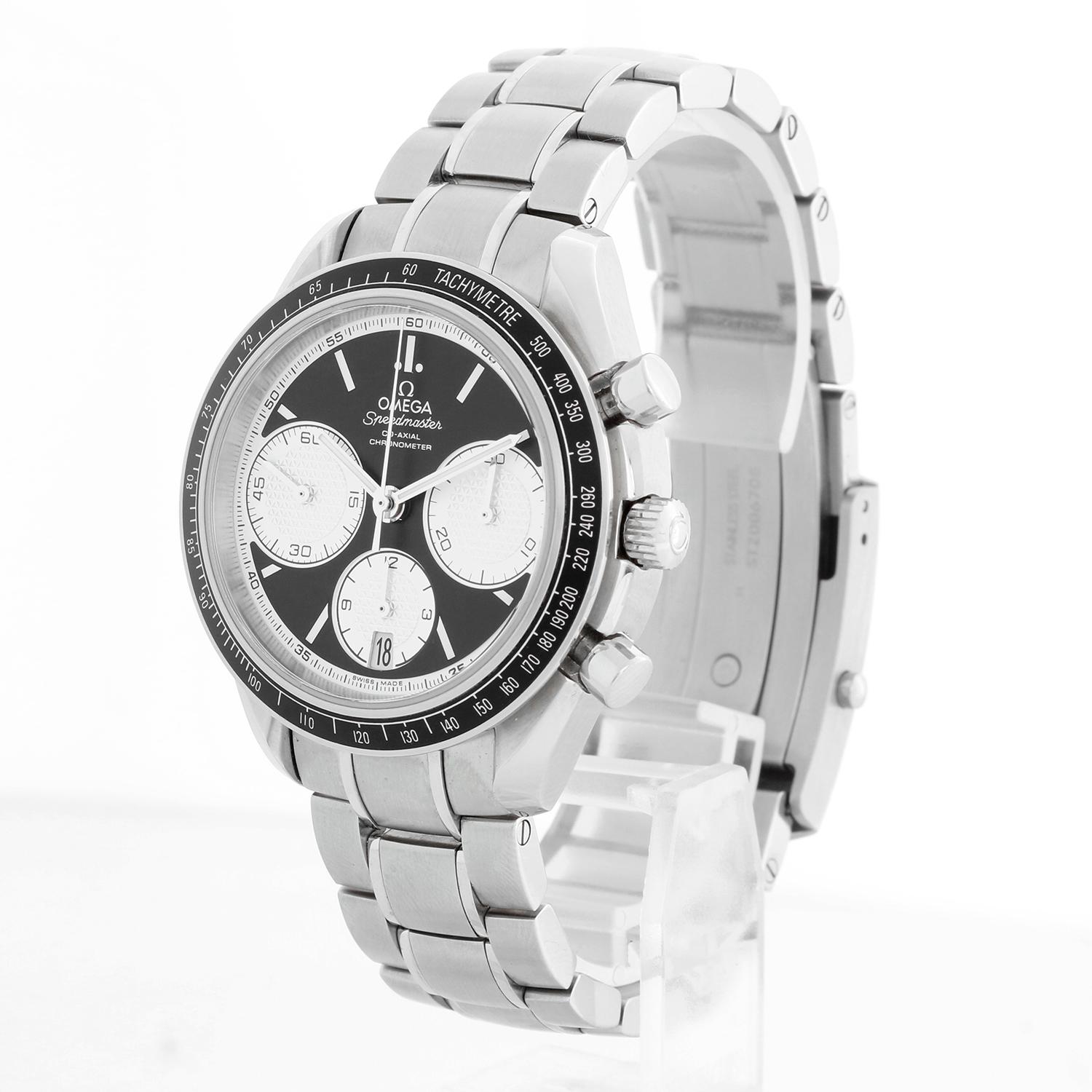 Omega Speedmaster Racing Stainless Steel Men's Chronograph Watch 32630405001002 - Automatic winding, Co-Axial calibre 3330, Chronograph. Stainless steel case (40mm) with black insert on bezel. Black dial with silver honeycomb subdials. Stainless