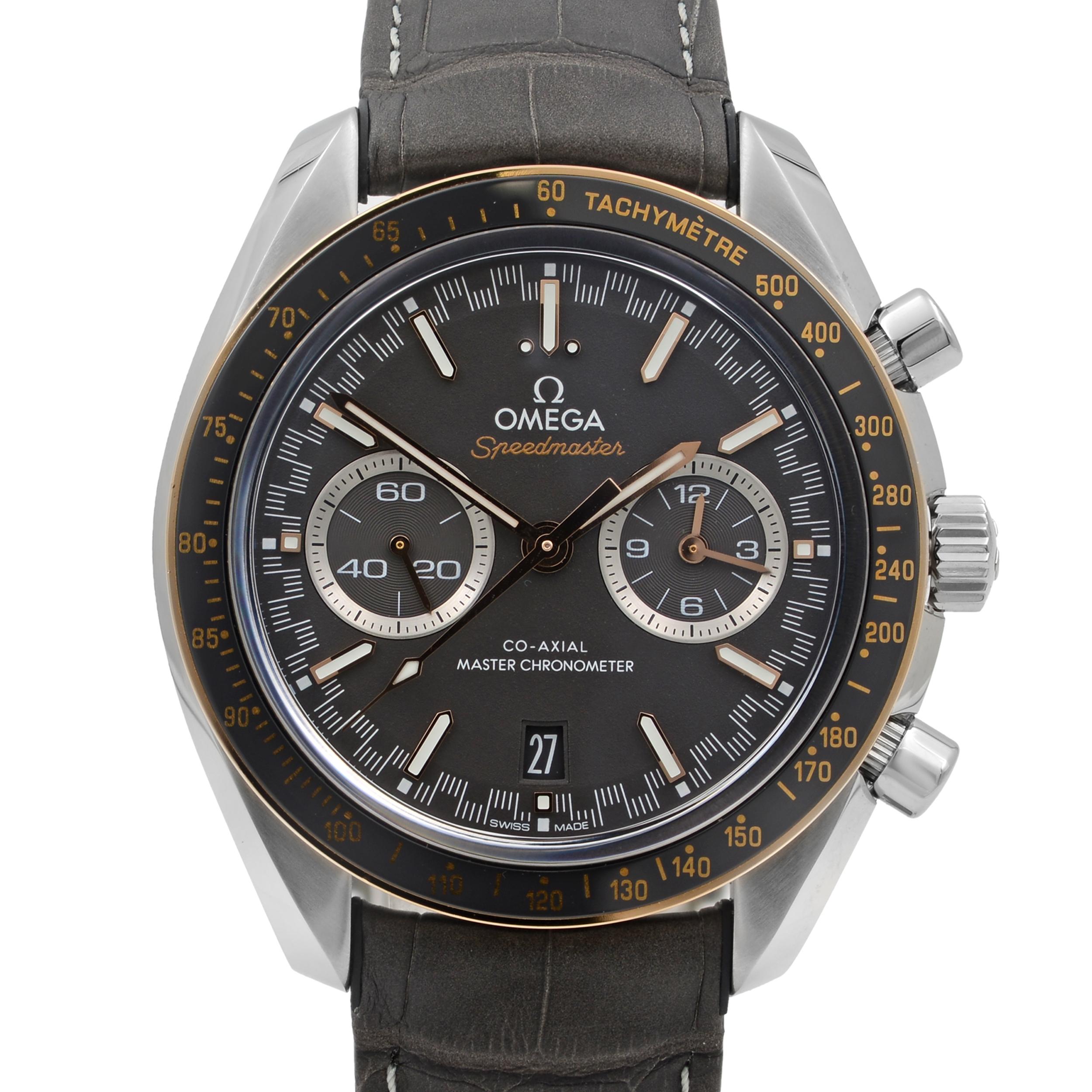 This display model Omega Speedmaster  329.23.44.51.06.001 is a beautiful men's timepiece that is powered by mechanical (automatic) movement which is cased in a stainless steel case. It has a round shape face, chronograph, date indicator, small