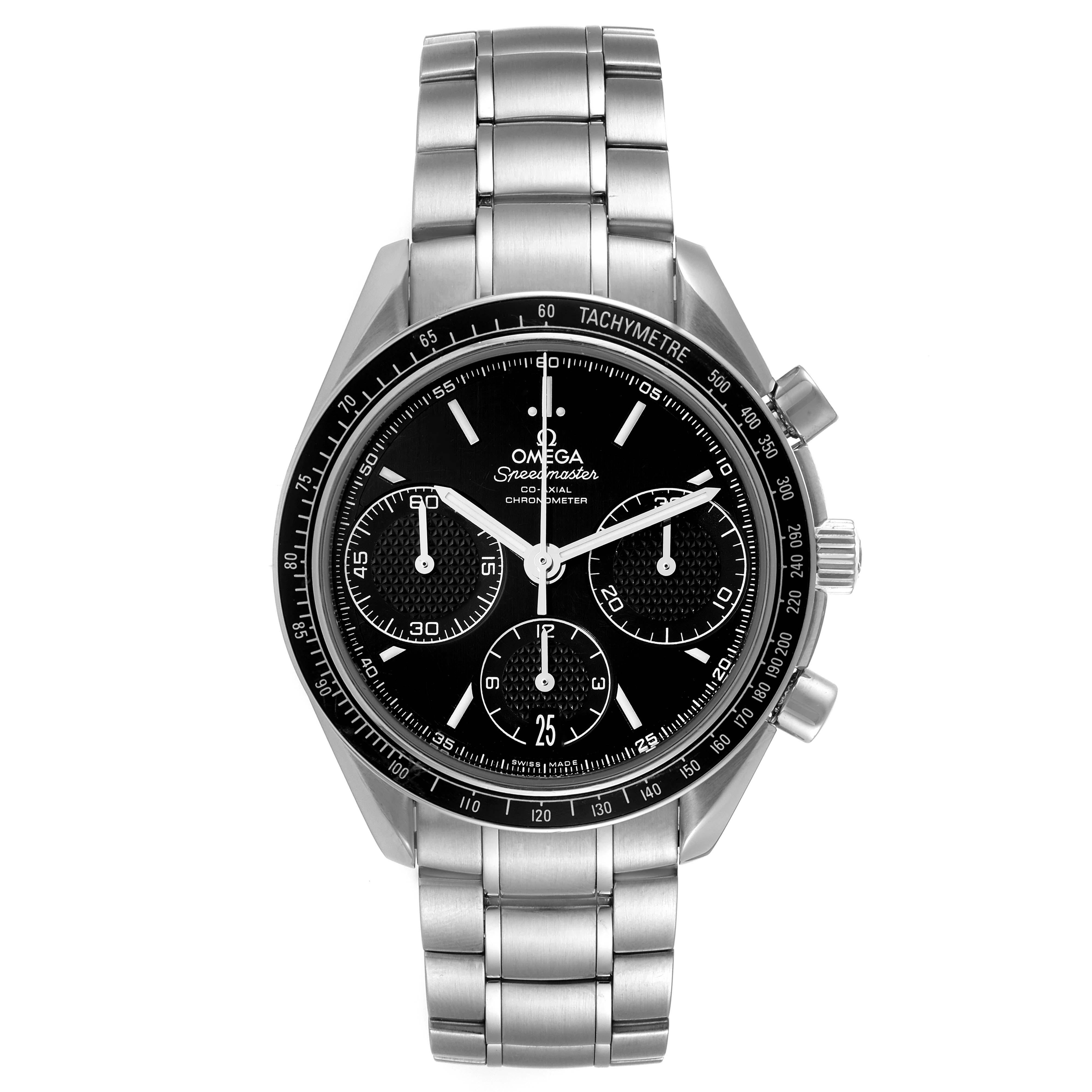 Omega Speedmaster Racing Steel Mens Watch 326.30.40.50.01.001 Box Card. COSC-certified Omega automatic chronograph movement with a column-wheel mechanism, a Co-Axial Escapement, and a silicon balance spring. Caliber 3330. Stainless steel round case