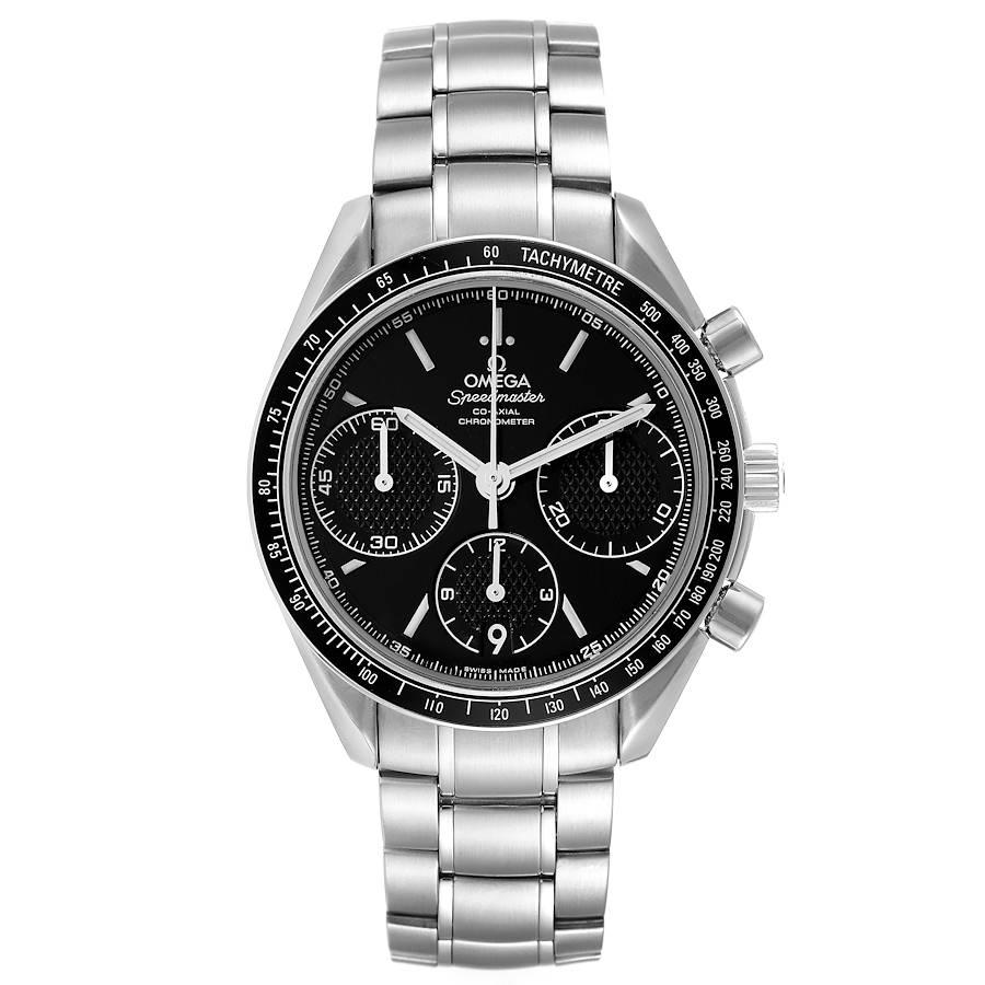 Omega Speedmaster Racing Steel Mens Watch 326.30.40.50.01.001 Card. COSC-certified Omega automatic chronograph movement with a column-wheel mechanism, a Co-Axial Escapement, and a silicon balance spring. Caliber 3330. Stainless steel round case 40.0