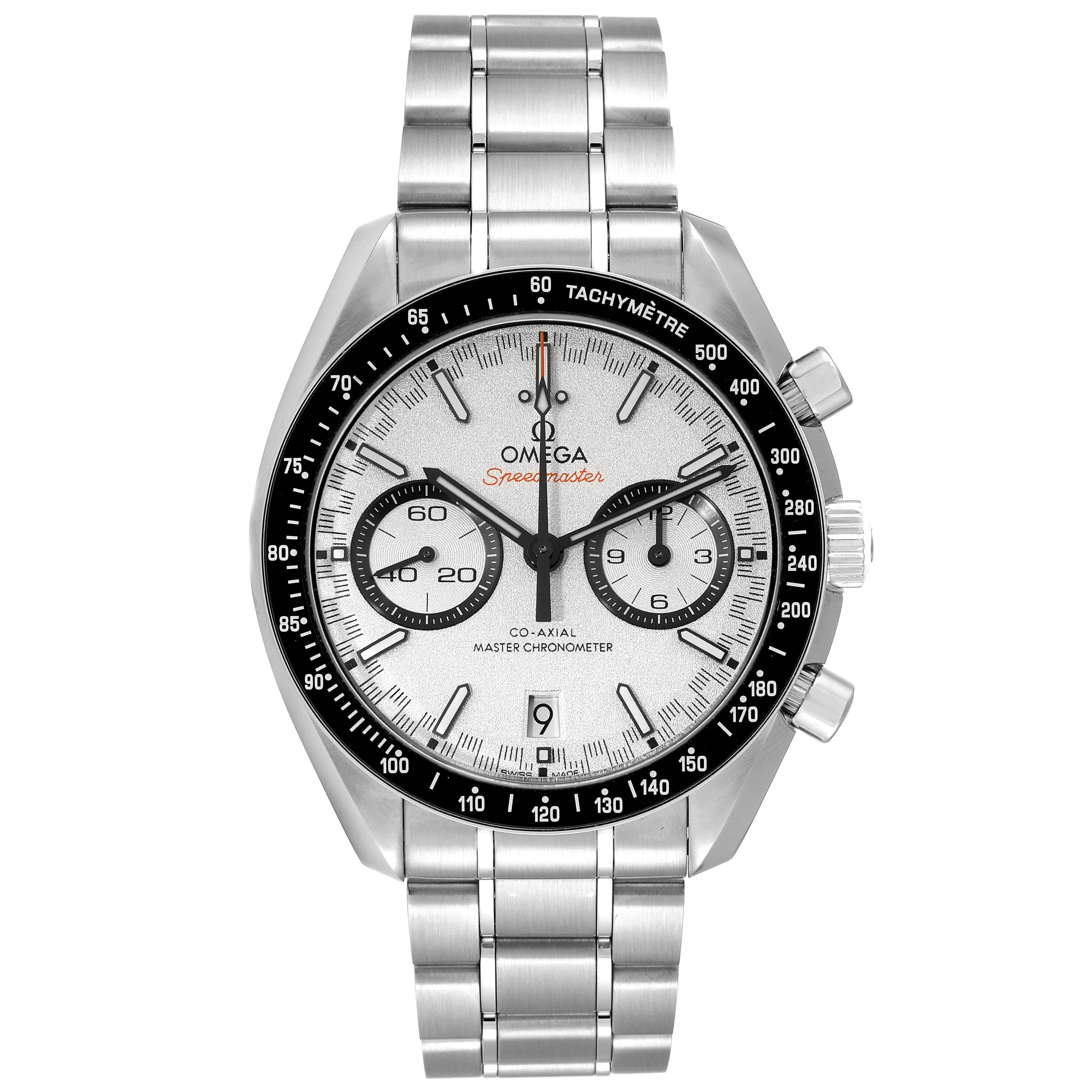 Omega Speedmaster Racing Steel Mens Watch 329.30.44.51.04.001 Box Card. Automatic self-winding chronograph movement with column wheel and Co-Axial escapement. Certified Master chronometer, resistant to magnetic fields reaching 15,000 gauss.