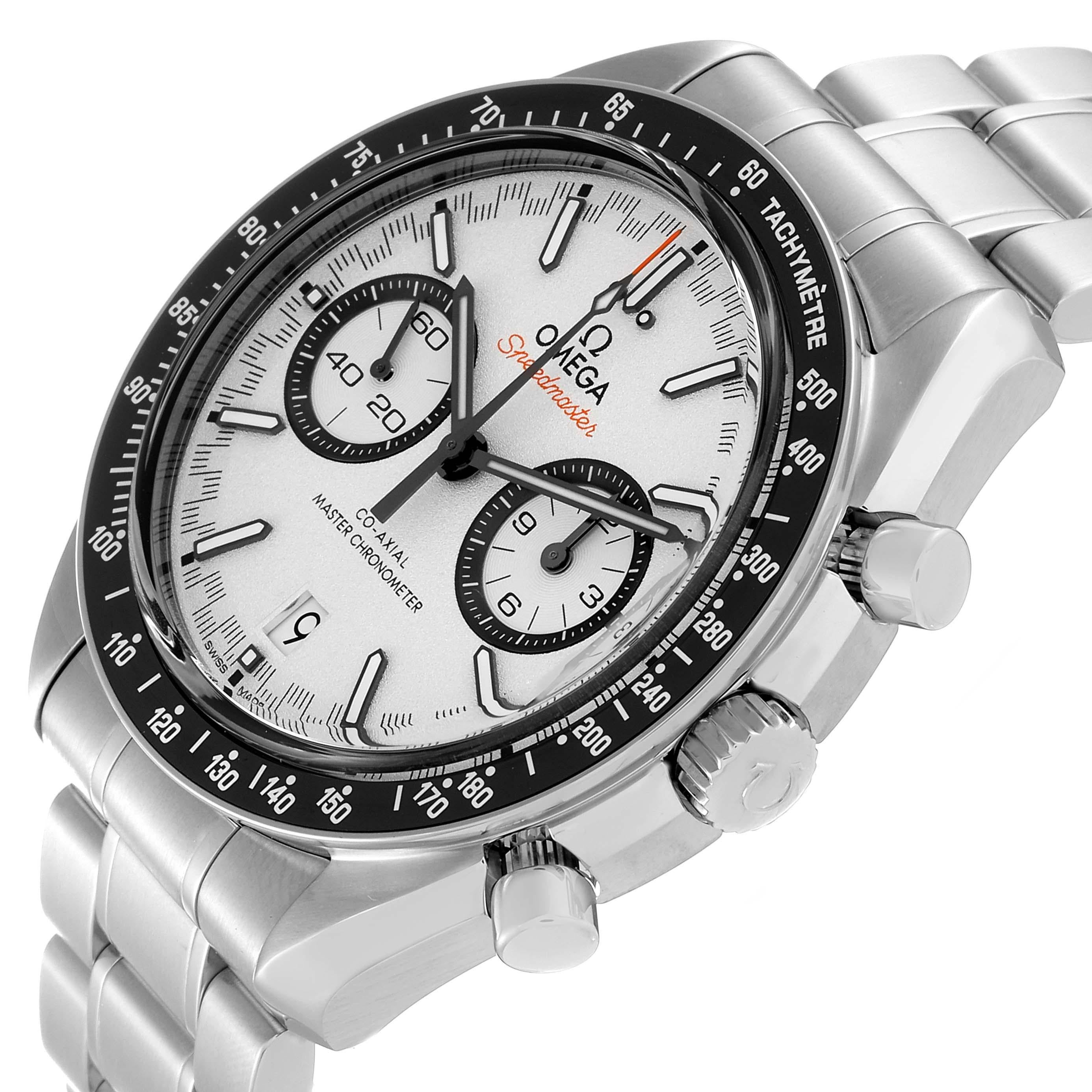 Omega Speedmaster Racing Steel Mens Watch 329.30.44.51.04.001 Box Card. Automatic self-winding chronograph movement with column wheel and Co-Axial escapement. Certified Master chronometer, resistant to magnetic fields reaching 15,000 gauss.