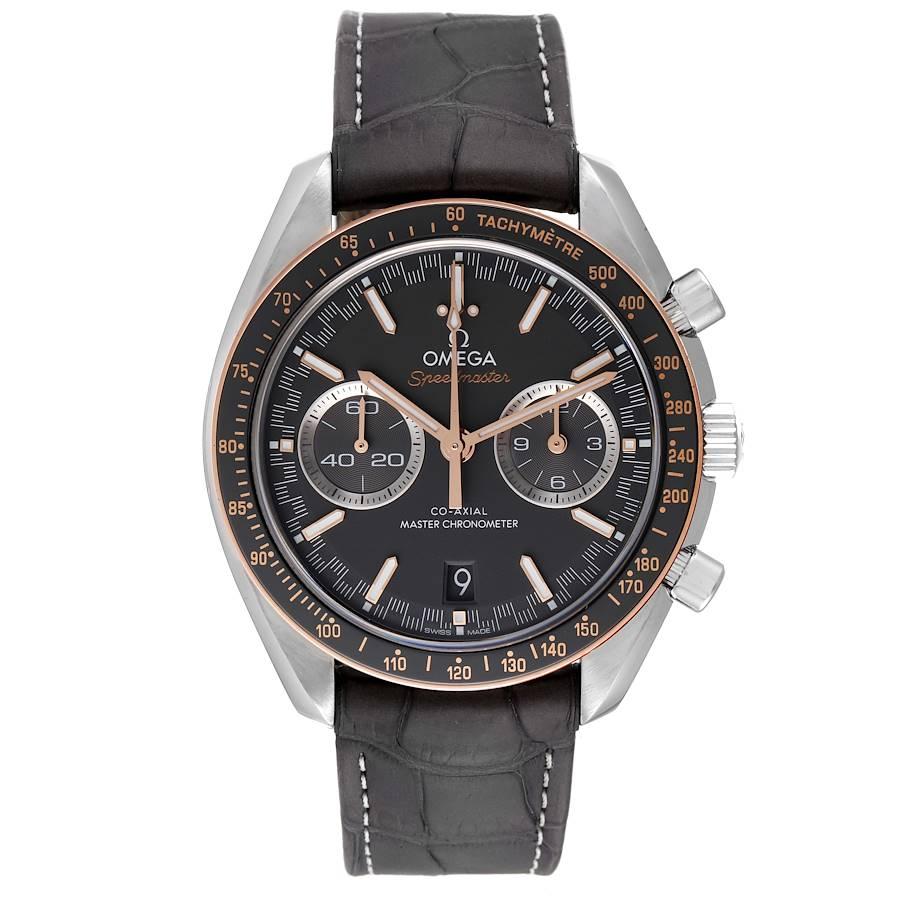 Omega Speedmaster Racing Steel Rose Gold Watch 329.23.44.51.06.001 Box Card. Automatic self-winding chronograph movement with column wheel mechanism and Co-Axial Escapement for greater precision, stability and durability of the movement. Silicon