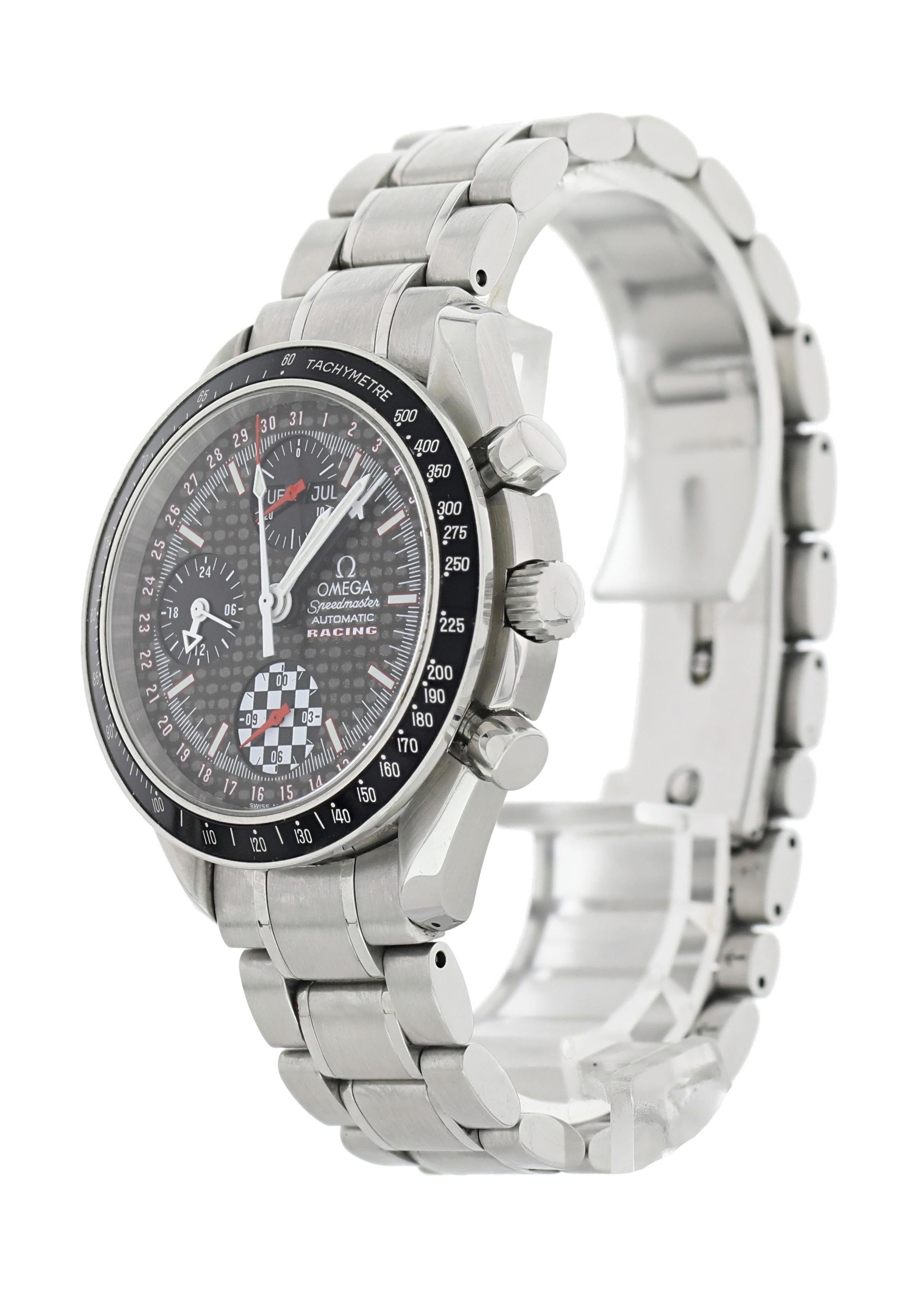 Omega Speedmaster Racing Triple Date 3529.50.00 Schumacher Mens Watch Original Papers. 39mm stainless steel case. stainless steel bezel with black tachymeter bezel insert. Black carbon fiber dial with white steel luminous hands and luminous hour