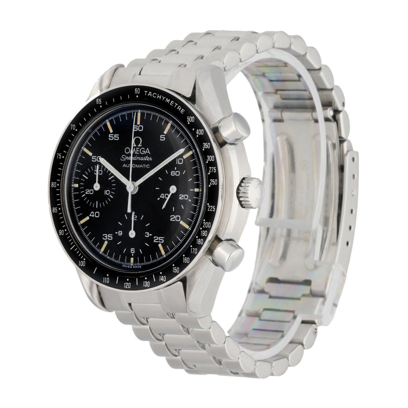 Omega Speedmaster Reduced 3510.50.00 Men's Watch. 39mm Stainless Steel case with a tachymeter bezel. Black dial with luminous hands and index hour markers. Three chronograph subdials with a small seconds subdial, 30 minutes and 12 hours. Stainless