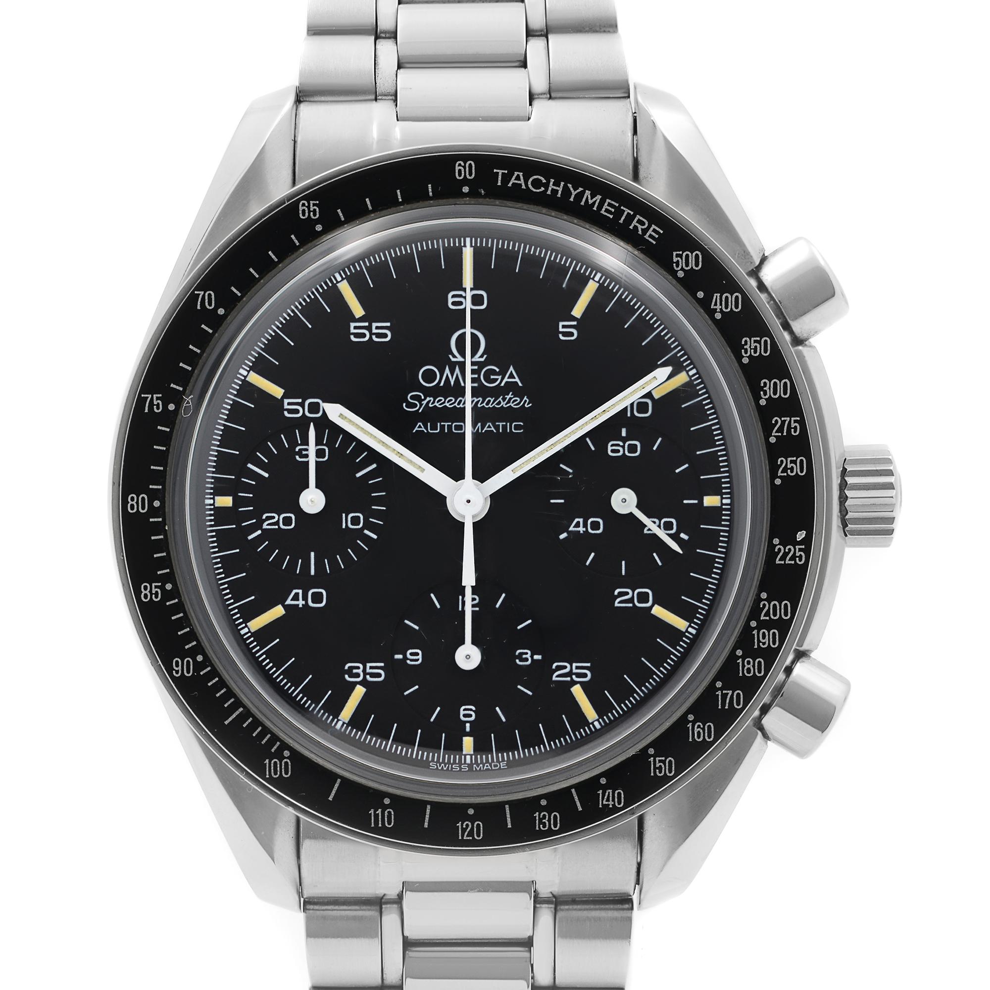 Pre Owned Omega Speedmaster Reduced 39mm Chronograph Steel Black Dial Men Watch 3510.50.00. This Beautiful Timepiece Features: Stainless Steel Case & Bracelet Fixed Stainless Steel Bezel with Black Tachymeter Scale Top Ring, Black Dial with Luminous