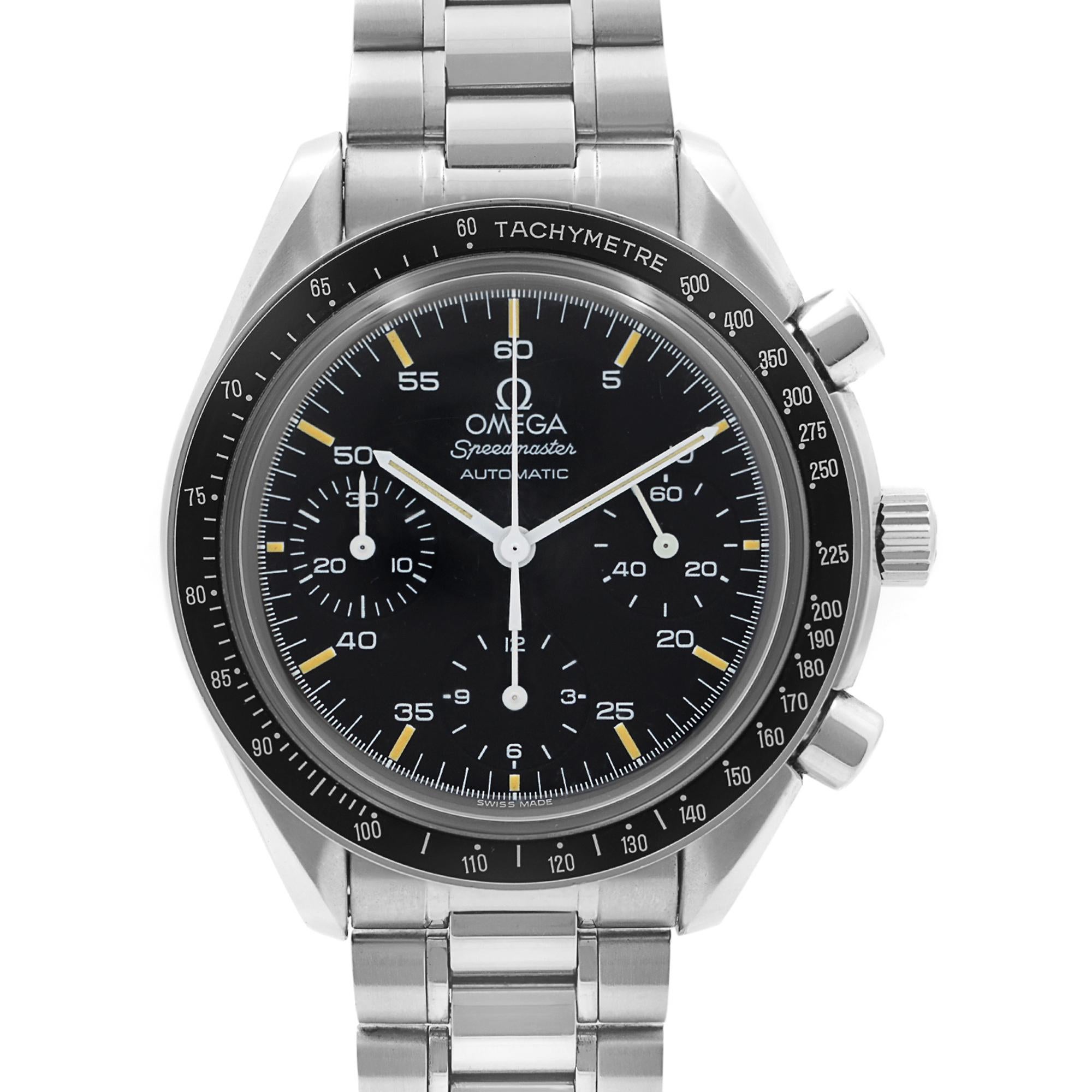 Pre Owned Omega Speedmaster Reduced 39mm Steel Black Dial Automatic Men's Watch 3510.50.00. This Beautiful Timepiece Features: Stainless Steel Case & Bracelet Fixed Stainless Steel Bezel with Black Tachymeter Scale Top Ring, Black Dial. Chronograph