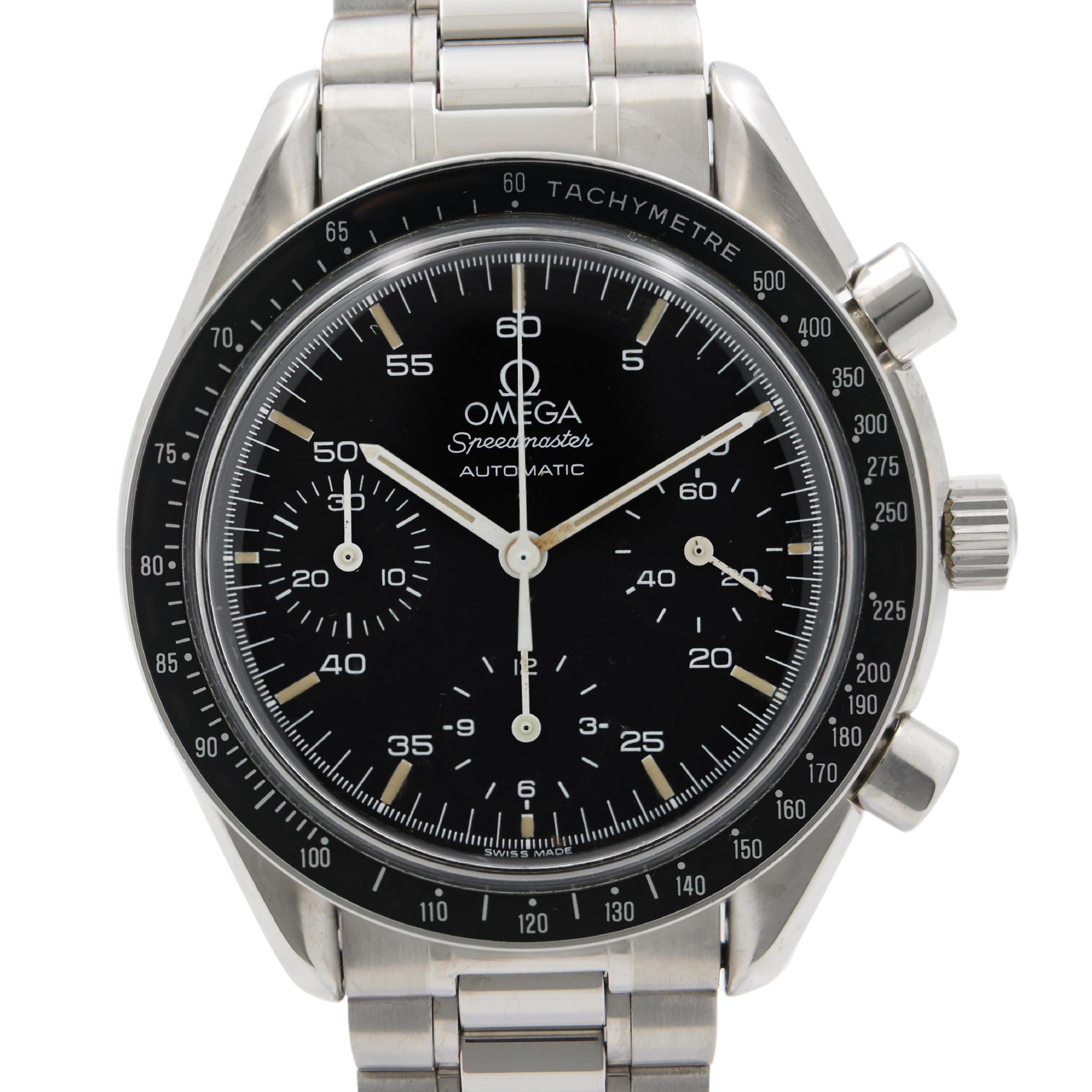 Pre Owned Omega Speedmaster Reduced 39mm Steel Black Dial Automatic Men's Watch 3510.50.00. This Beautiful Timepiece Features: Stainless Steel Case & Bracelet Fixed Stainless Steel Bezel with Black Tachymeter Scale Top Ring, Black Dial with Luminous