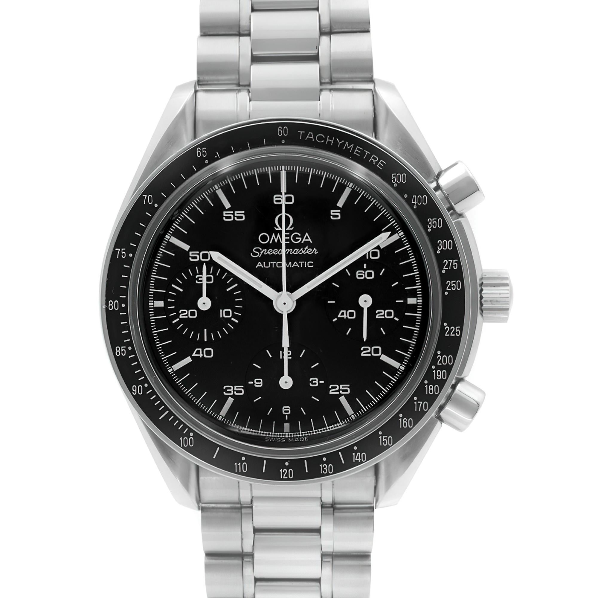 Pre Owned Omega Speedmaster Reduced 39mm Steel Black Dial Automatic Watch 3510.50.00. This Beautiful Timepiece Features: Stainless Steel Case & Bracelet Fixed Stainless Steel Bezel with Black Tachymeter Scale Top Ring, Black Dial with Luminous White
