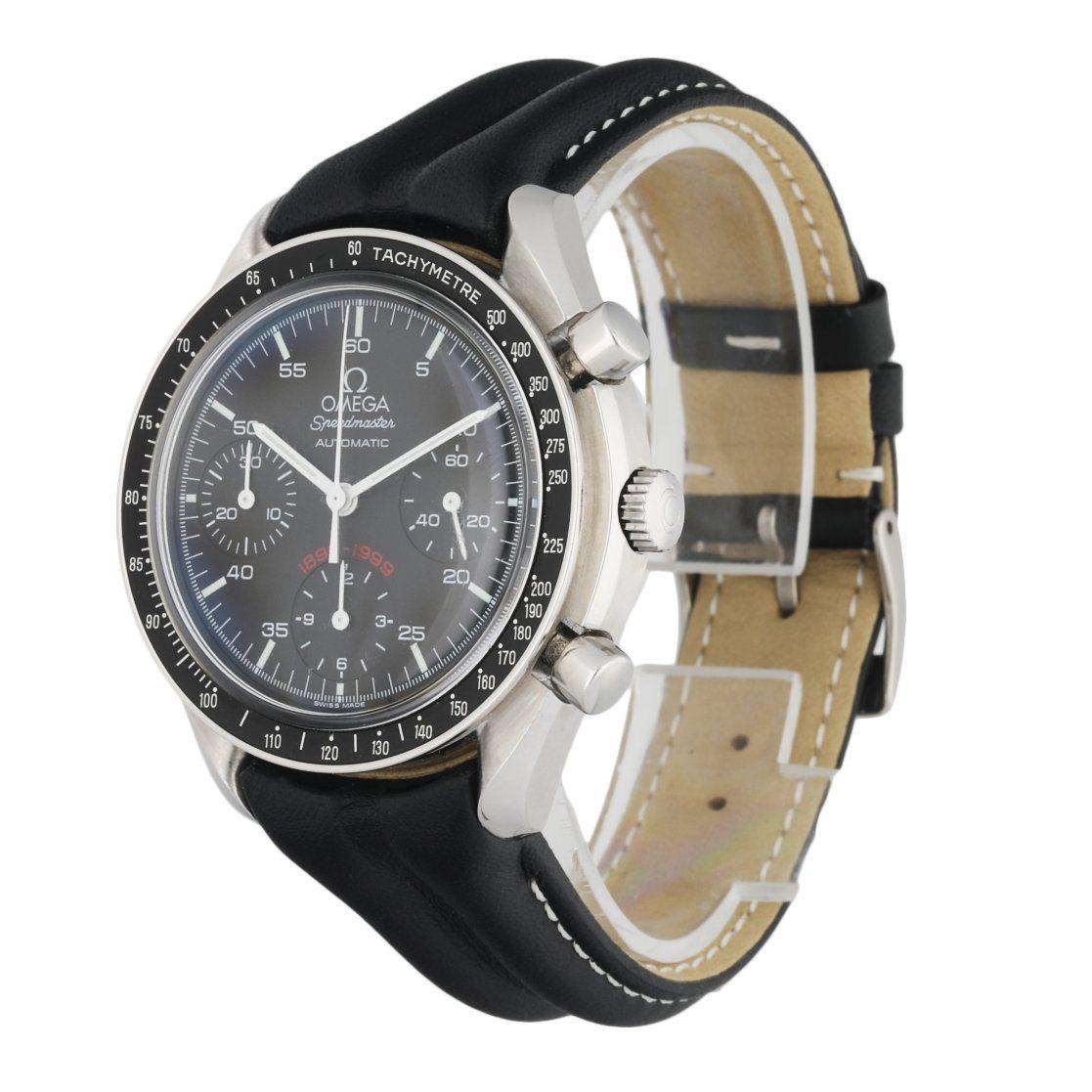 Omega Speedmaster 175_0039 men's watch. 39mm Stainless steel case with a black Tachymeter bezel. Black dial with white luminous hands and index hour marker. Triple register: small second, minutes and 12 hour. Black leather strap with stainless steel