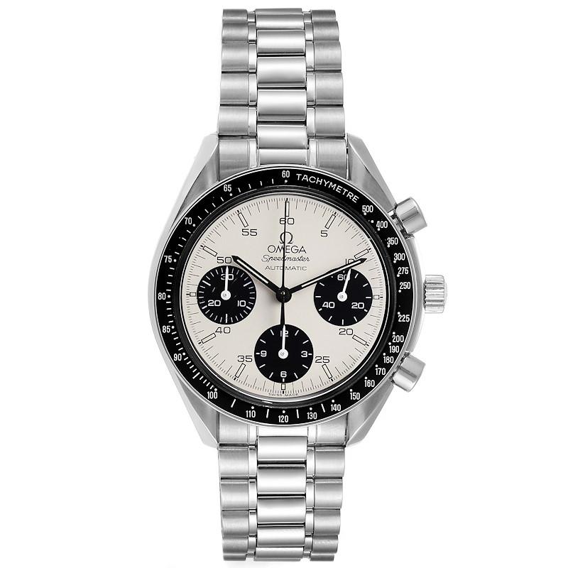 Omega Speedmaster Reduced Albino White Dial Mens Watch 3510.20.00. Automatic self-winding chronograph movement. Caliber 1140. Stainless steel round case 39 mm in diameter. Black bezel with tachymetre function. Hesalite crystal. White dial with