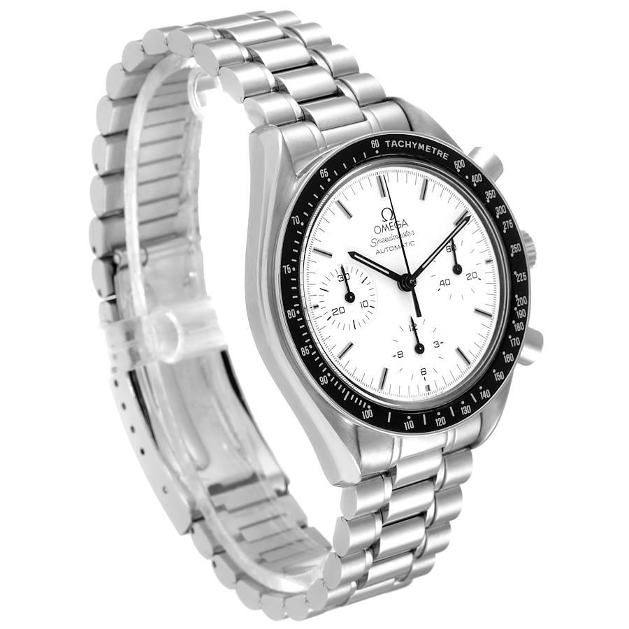 Omega Speedmaster Reduced Albino White Dial Mens Watch 3510.20.00. Automatic self-winding chronograph movement. Stainless steel round case 39 mm in diameter. Black bezel with tachymeter function. Hesalite crystal. White dial with index hour markers