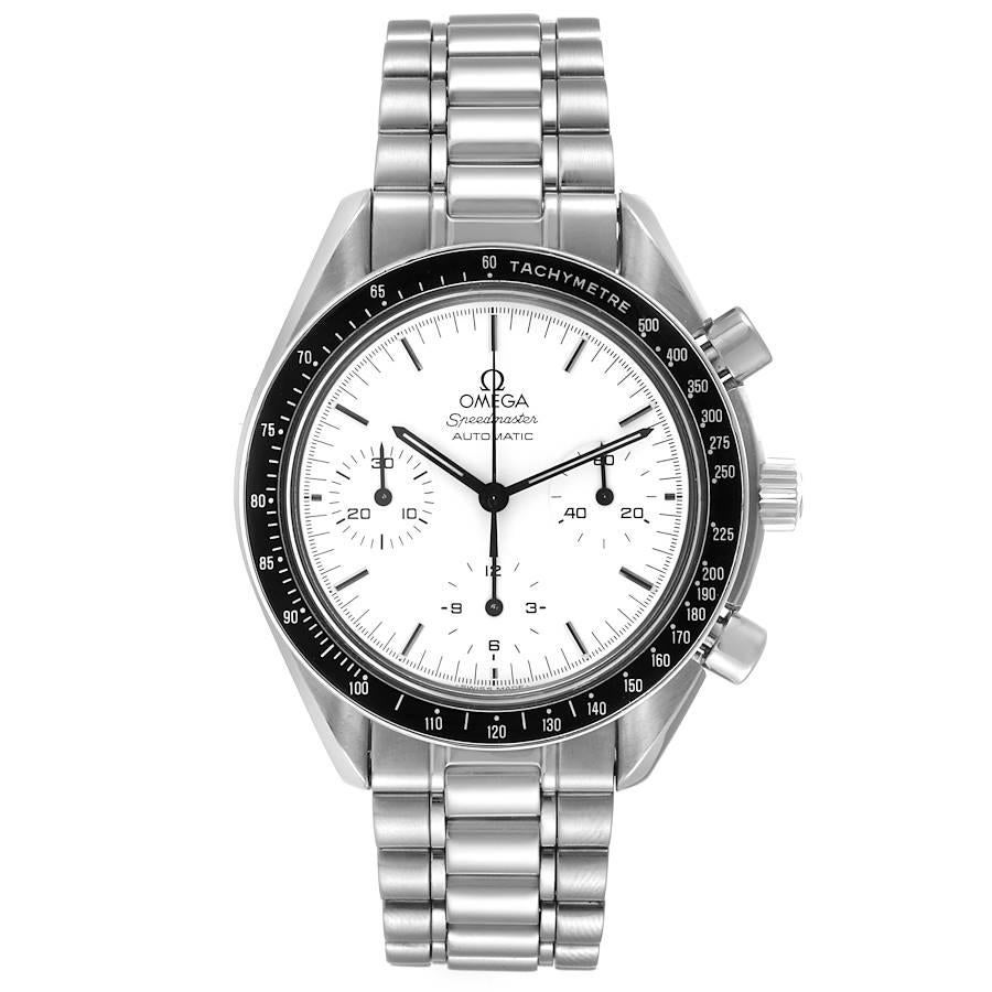 Omega Speedmaster Reduziert Albino Weißes Zifferblatt Herrenuhr 3510.20.00. Automatisches Chronographenwerk mit Selbstaufzug. Rundes Edelstahlgehäuse mit einem Durchmesser von 39 mm. Schwarze Lünette mit Tachymeterfunktion. Hesalit-Acrylkristall.