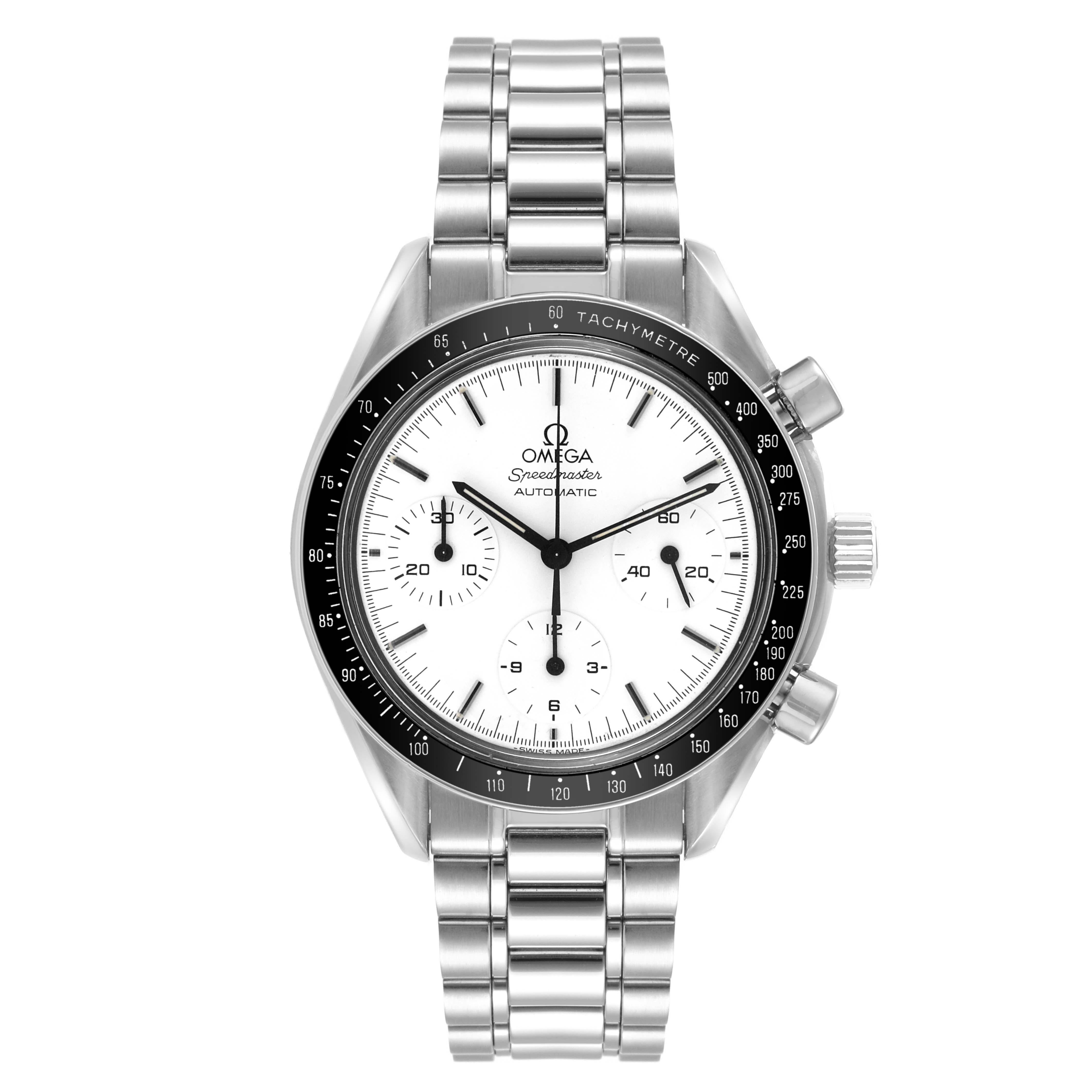 Omega Speedmaster Reduced Albino White Dial Steel Mens Watch 3510.20.00. Automatic self-winding chronograph movement. Stainless steel round case 39 mm in diameter. Black bezel with tachymetre function. Hesalite acrylic crystal. White dial with