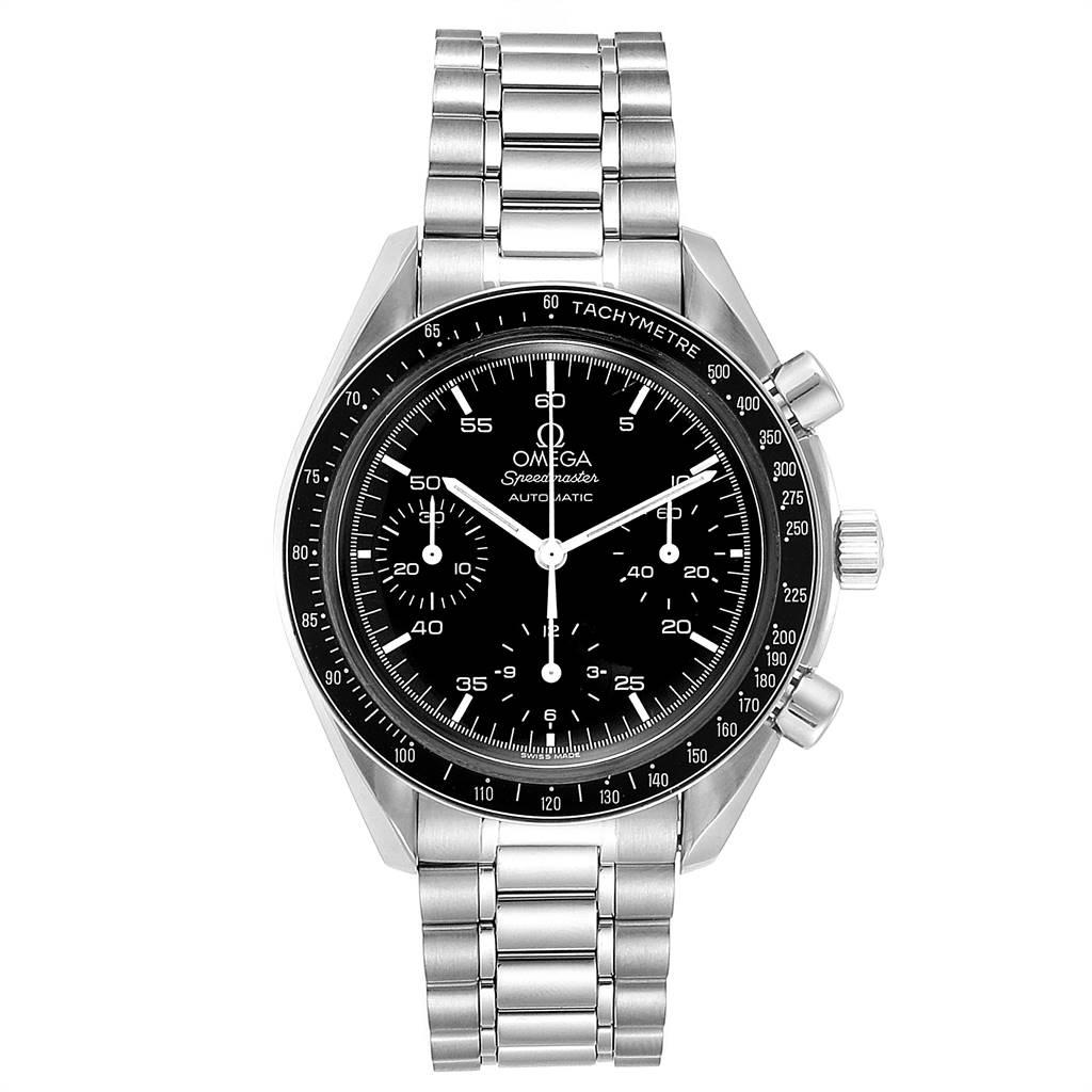 Omega Speedmaster Reduced Automatic Mens Watch 3510.50.00 Box Card. Automatic self-winding movement. Stainless steel round case 39.0 mm in diameter. Stainless steel bezel with tachimeter function. Hesalite crystal. Black dial with indexes and