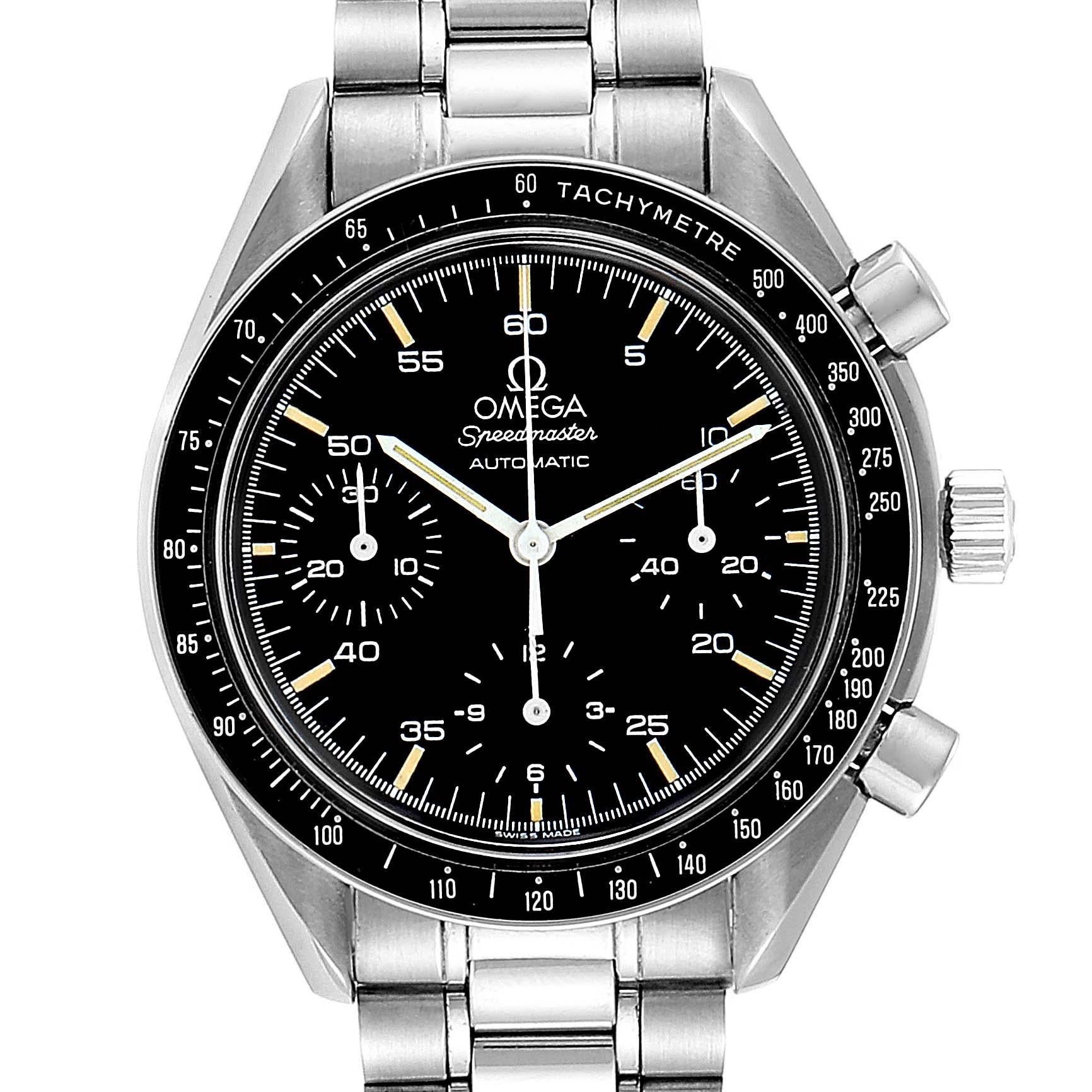 Omega Speedmaster Reduced Automatic Mens Watch 3510.50.00. Authomatic self-winding movement. Stainless steel round case 39.0 mm in diameter. Fixed stainless steel bezel with tachimeter function. Hesalite crystal. Black dial with indexes and