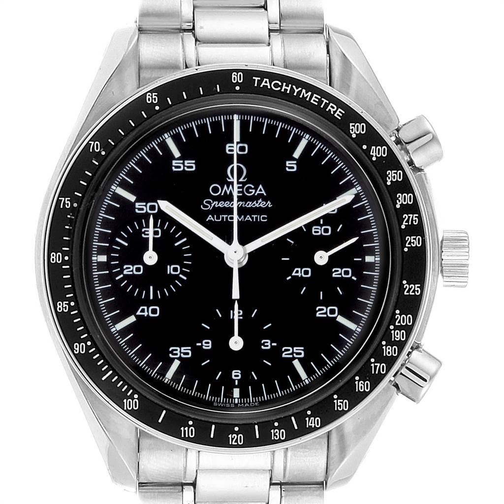 Omega Speedmaster Reduced Black Dial Automatic Mens Watch 3510.50.00. Authomatic self-winding movement. Stainless steel round case 39.0 mm in diameter. Fixed stainless steel bezel with tachimeter function. Hesalite crystal. Black dial with indexes