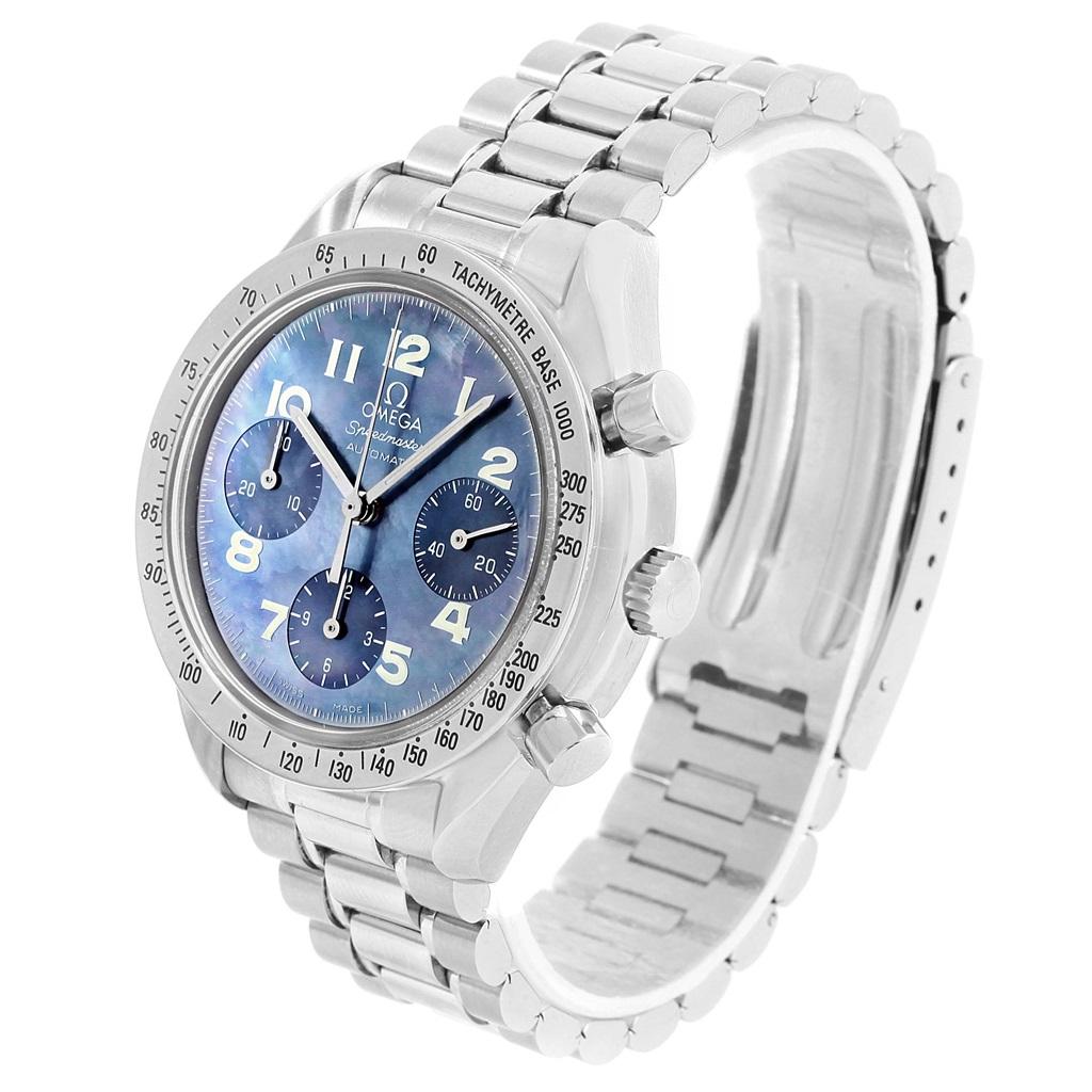 Omega Speedmaster Reduced Blue Mother of Pearl Dial Watch 3502.73.00. Automatic self-winding chronograph movement. Stainless steel round case 39.0 mm in diameter. Fixed stainless steel bezel with tachymetric scale. Hesalite crystal. Blue mother of
