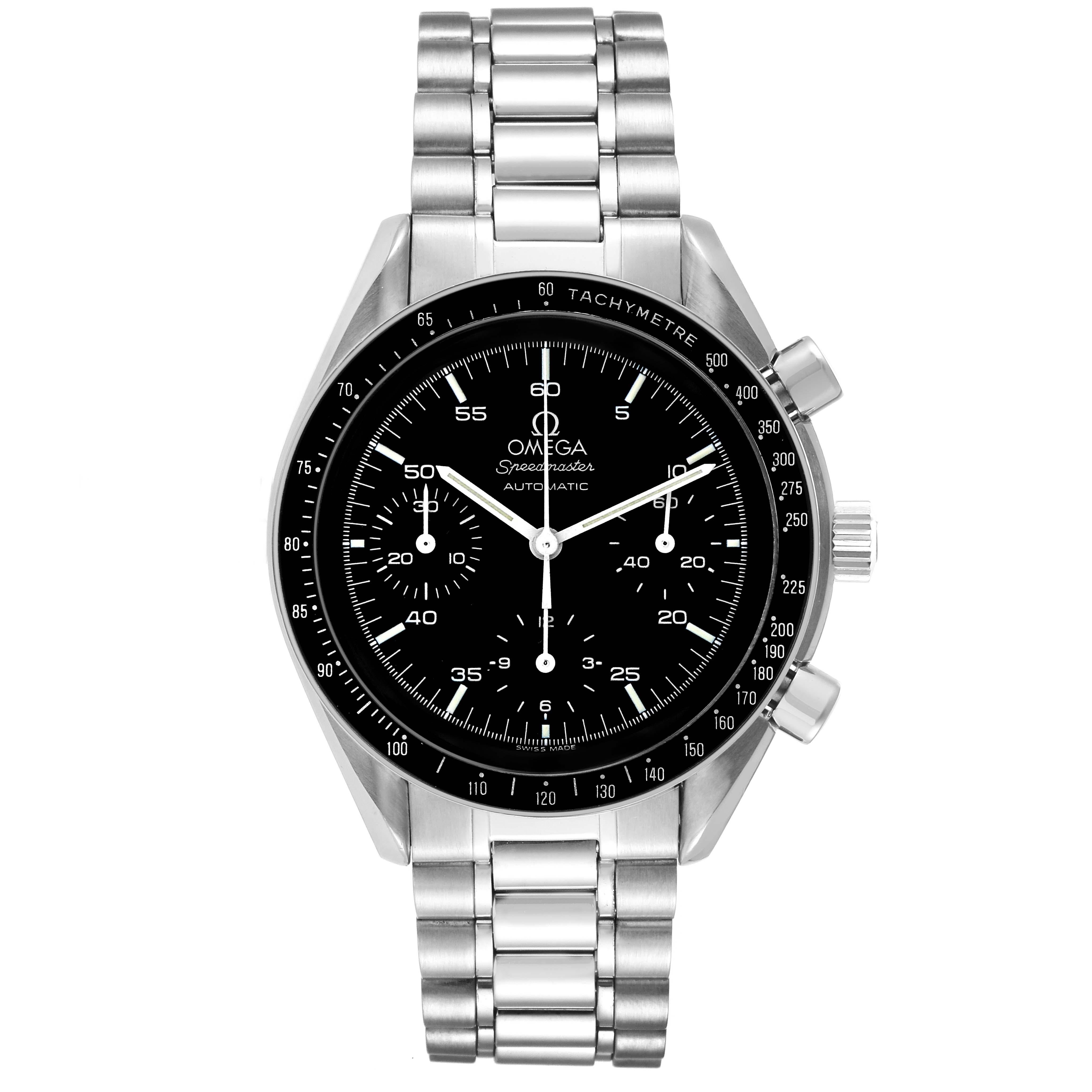 Omega Speedmaster Reduced Chronograph Hesalite Steel Mens Watch 3510.50.00 Card. Automatic self-winding chronograph movement. Stainless steel round case 39.0 mm in diameter. Stainless steel bezel with black insert and tachymeter function. Hesalite