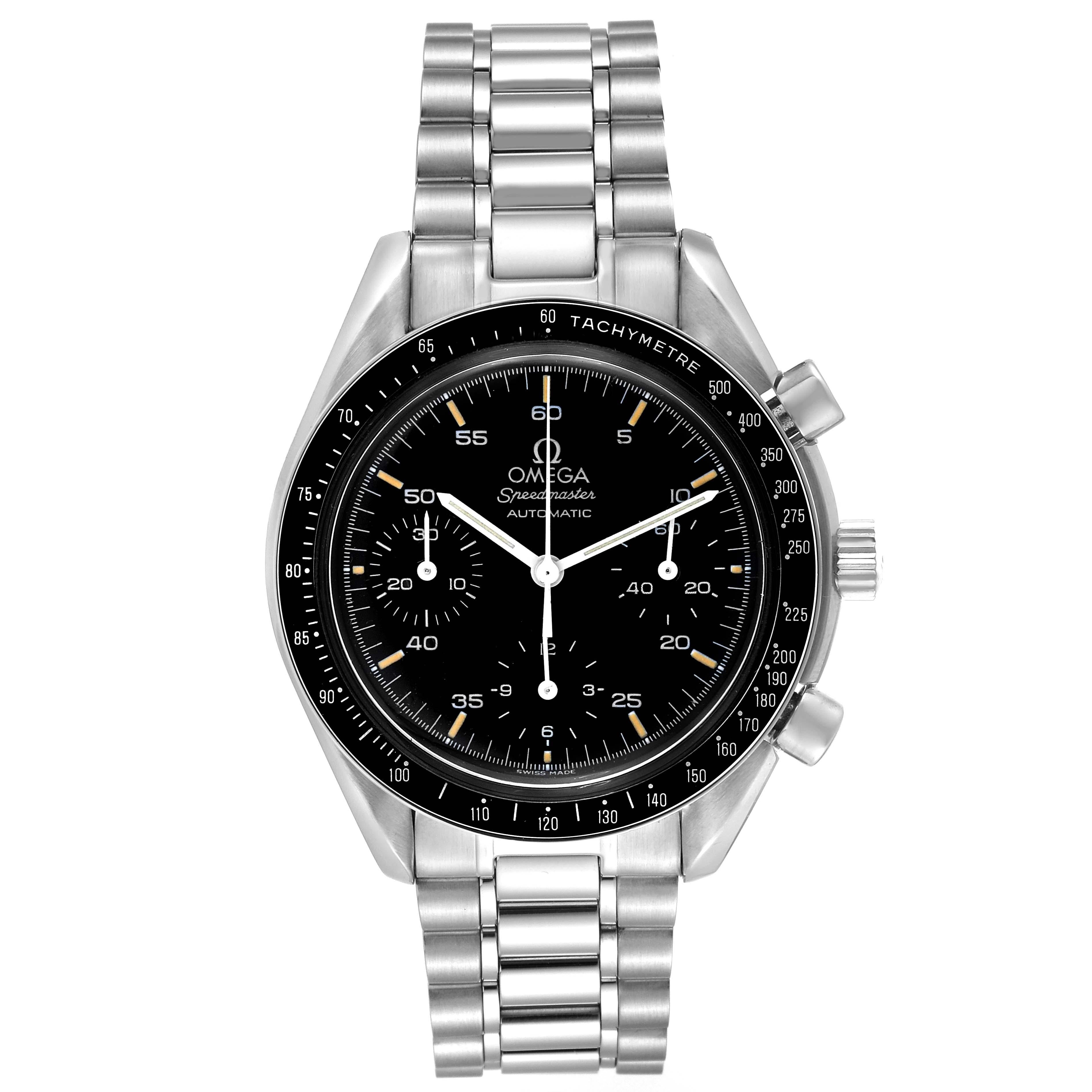 Omega Speedmaster Reduced Chronograph Hesalite Steel Mens Watch 3510.50.00. Automatic self-winding chronograph movement. Stainless steel round case 39.0 mm in diameter. Stainless steel bezel with black insert and tachymeter function. Hesalite