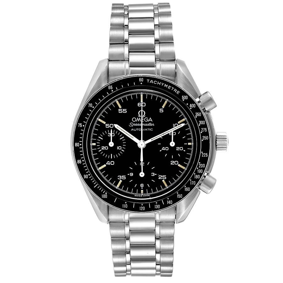 Omega Speedmaster Reduced Chronograph Steel Mens Watch 3510.50.00. Automatic self-winding chronograph movement. Stainless steel round case 39.0 mm in diameter. Stainless steel bezel with black insert and tachymeter function. Hesalite acrylic