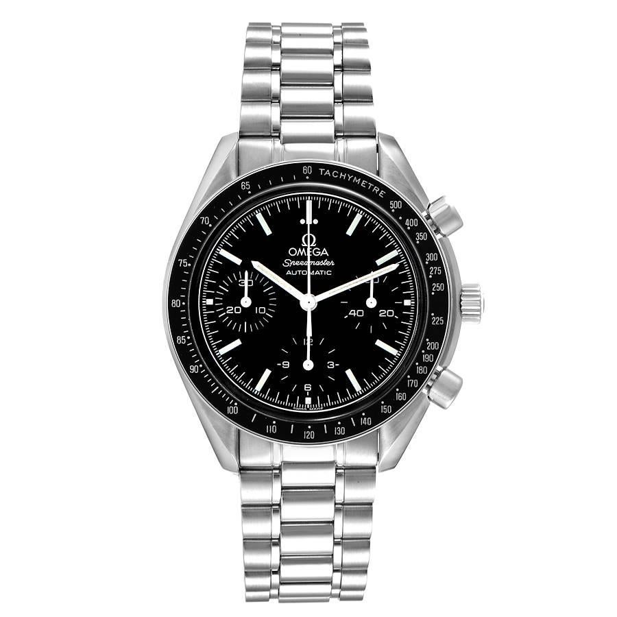 Omega Speedmaster Reduced Chronograph Steel Mens Watch 3539.50.00 Card. Automatic self-winding chronograph movement. Stainless steel round case 39.0 mm in diameter. Stainless steel bezel with tachymeter function. Scratch resistant sapphire crystal.