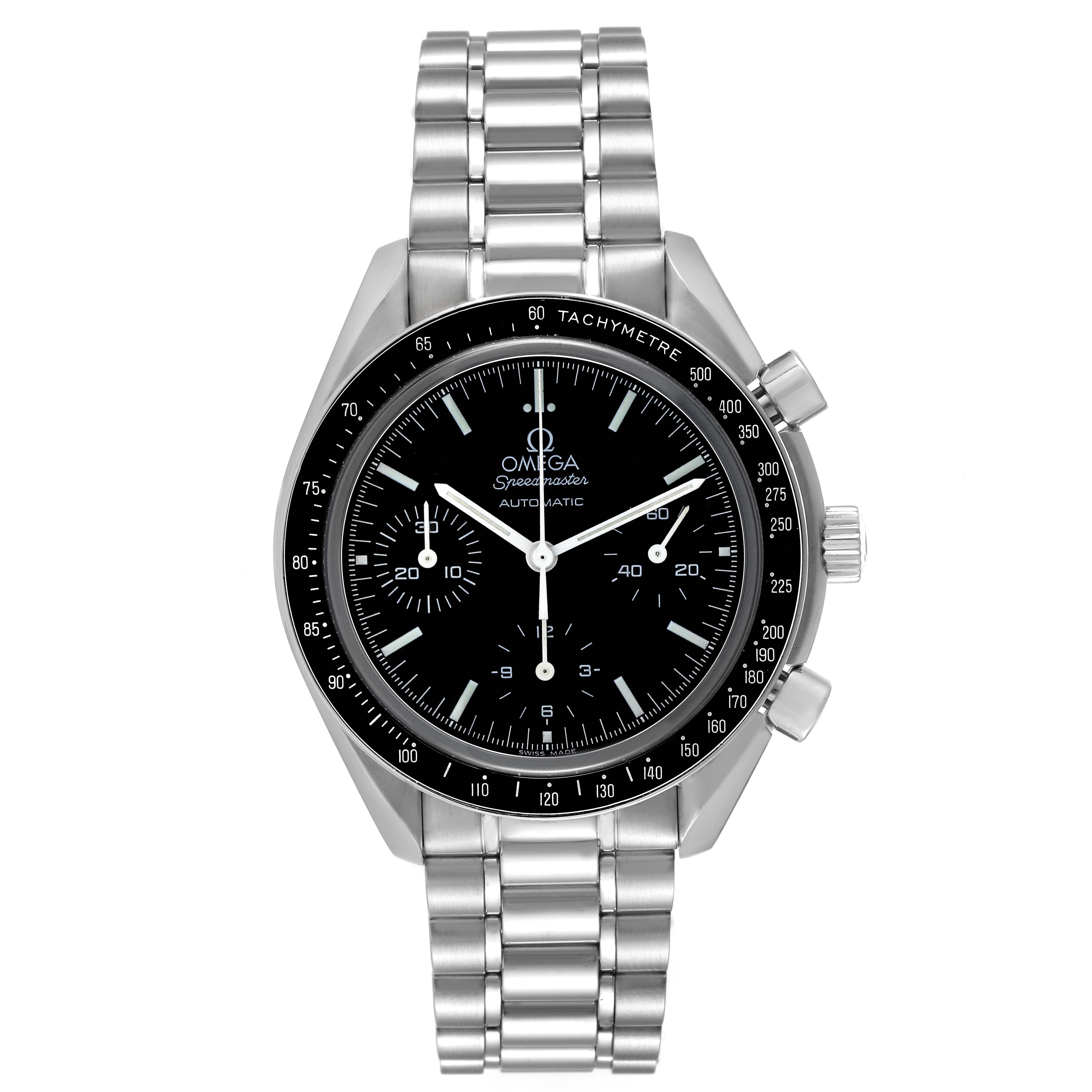 Omega Speedmaster Reduced Chronograph Steel Mens Watch 3539.50.00 Card. Automatic self-winding chronograph movement. Stainless steel round case 39.0 mm in diameter. Stainless steel bezel with tachymeter function. Scratch resistant sapphire crystal.