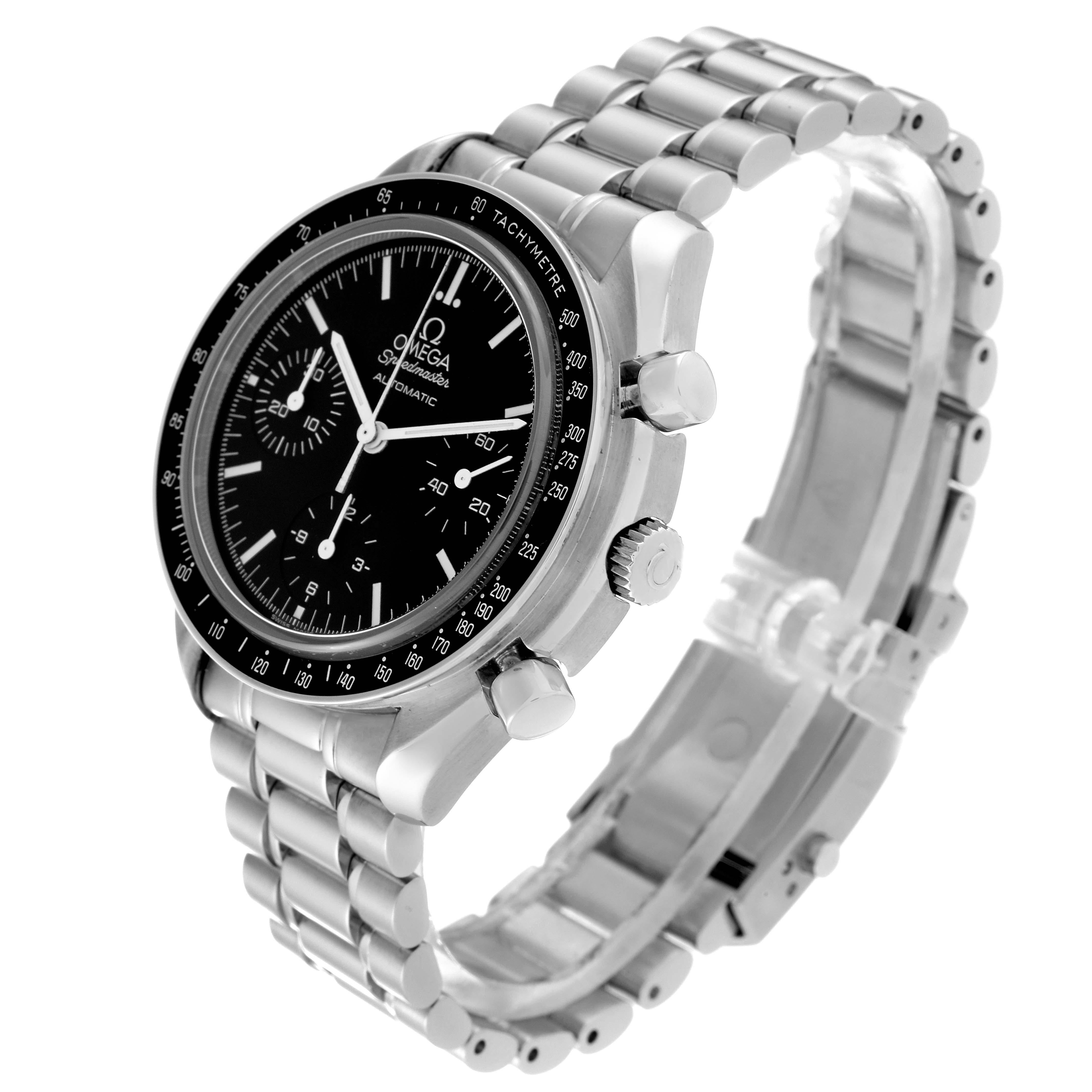 Omega Speedmaster Reduced Chronograph Steel Mens Watch 3539.50.00 Card. Automatic self-winding chronograph movement. Stainless steel round case 39.0 mm in diameter. Black bezel with tachymeter function. Scratch resistant sapphire crystal. Black dial