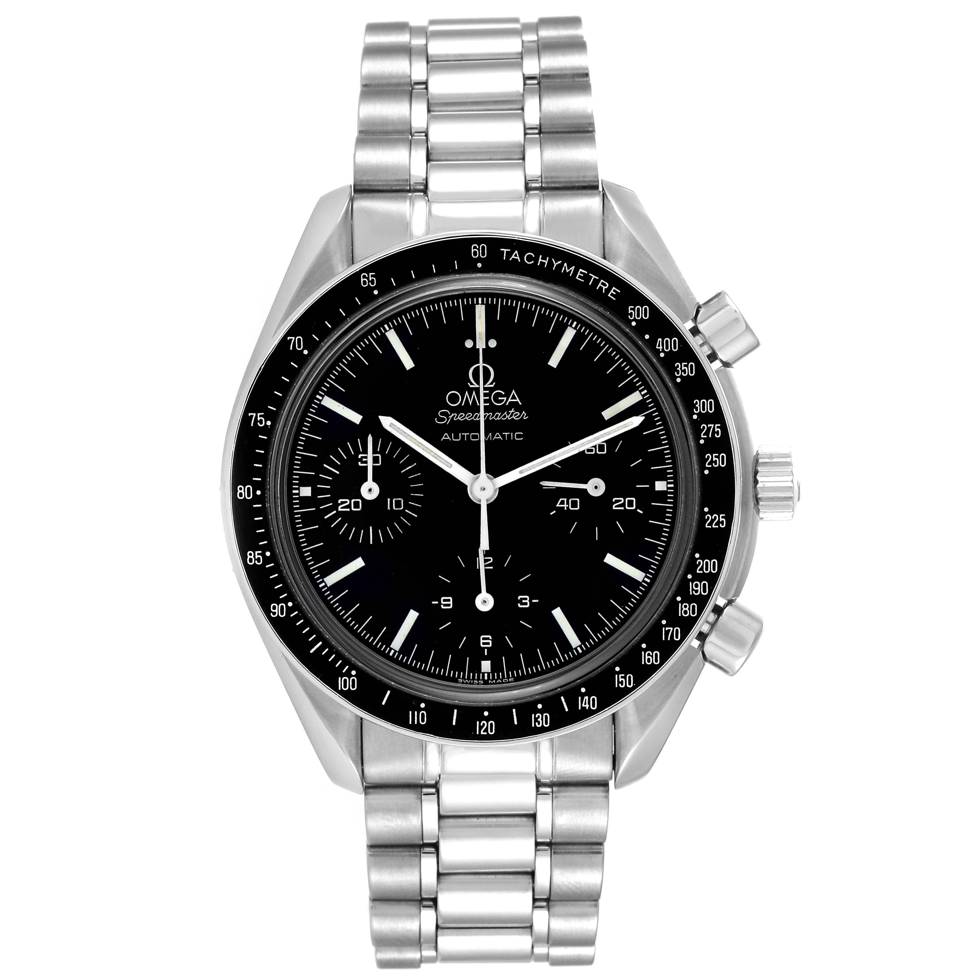 Omega Speedmaster Reduced Chronograph Steel Mens Watch 3539.50.00. Automatic self-winding chronograph movement. Stainless steel round case 39.0 mm in diameter. Black bezel with tachymeter function. Scratch resistant sapphire crystal. Black dial with
