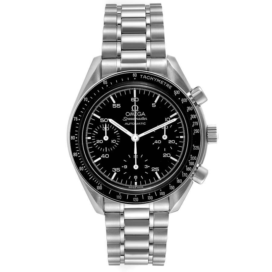 Omega Speedmaster Reduced Hesalite Chronograph Steel Mens Watch 3510.50.00 Card. Automatic self-winding chronograph movement. Stainless steel round case 39.0 mm in diameter. Stainless steel bezel with black insert and tachymeter function. Hesalite