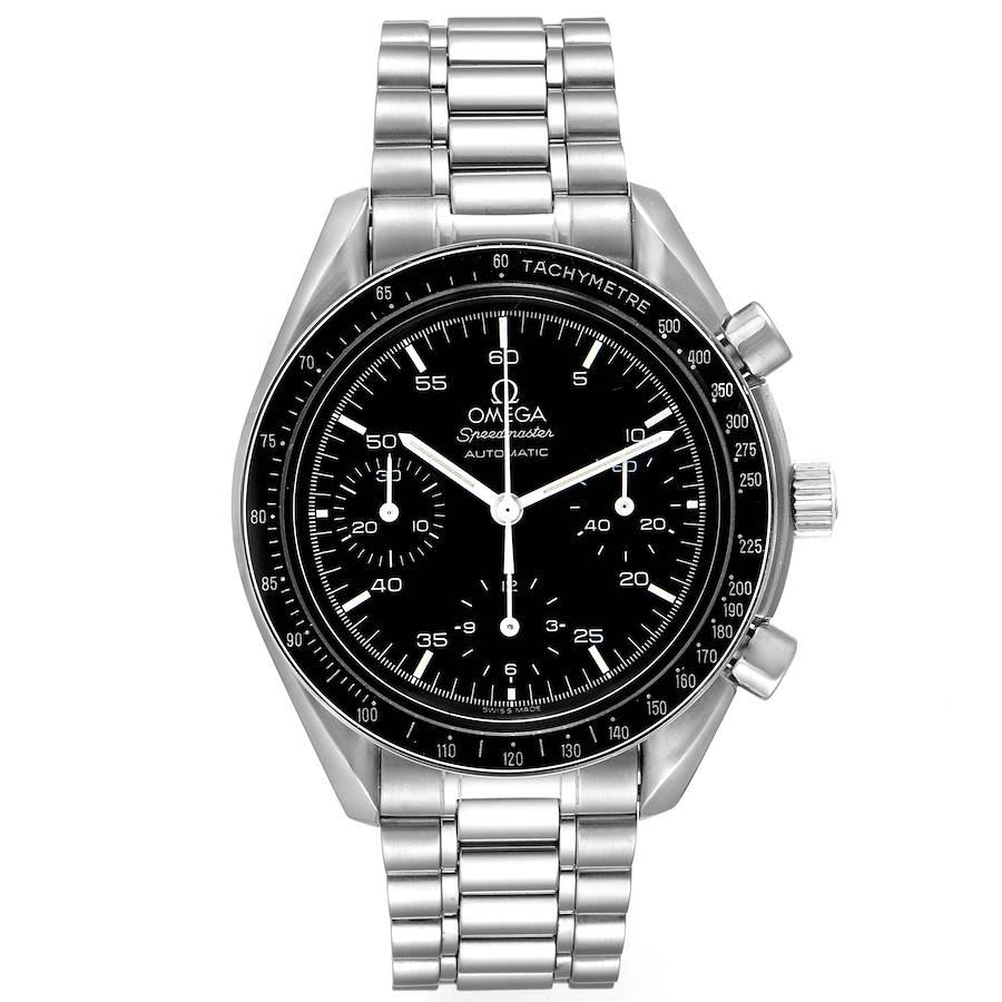 Omega Speedmaster Reduced Hesalite Chronograph Steel Mens Watch 3510.50.00. Automatic self-winding chronograph movement. Stainless steel round case 39.0 mm in diameter. Stainless steel bezel with tachymeter function. Hesalite crystal. Black dial