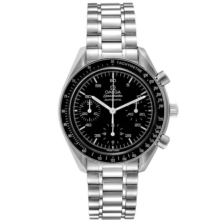Omega Speedmaster Reduced Hesalite Cronograph Steel Mens Watch 3510.50.00. Automatic self-winding chronograph movement. Stainless steel round case 39.0 mm in diameter. Stainless steel bezel with tachymeter function. Hesalite crystal. Black dial with