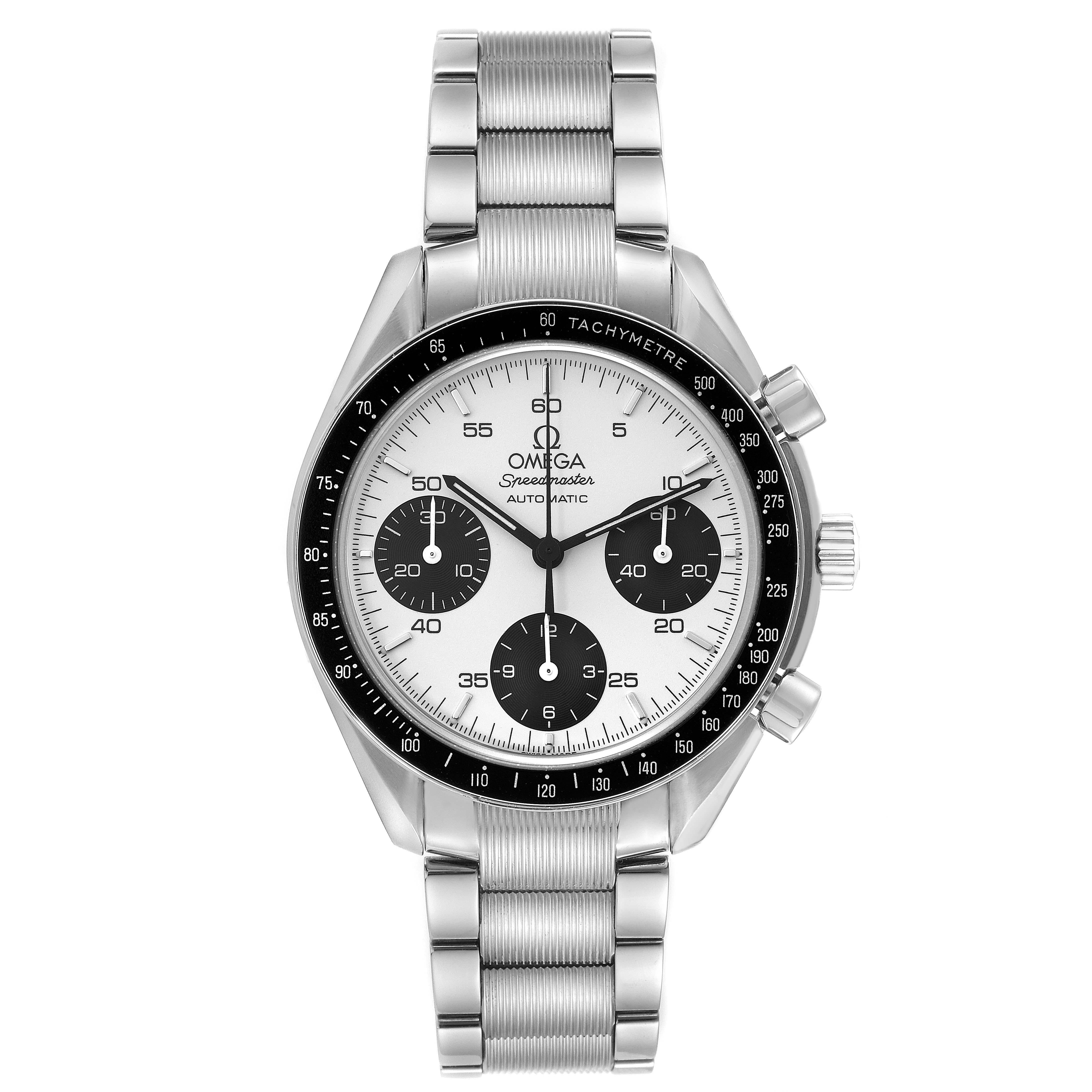 Omega Speedmaster Reduced Marui LE Panda Dial Mens Watch 3539.31.00 Box Card. Automatic self-winding chronograph movement. Stainless steel round case 39 mm in diameter. Black bezel with tachymetre function. Scratch resistant sapphire crystal. Silver