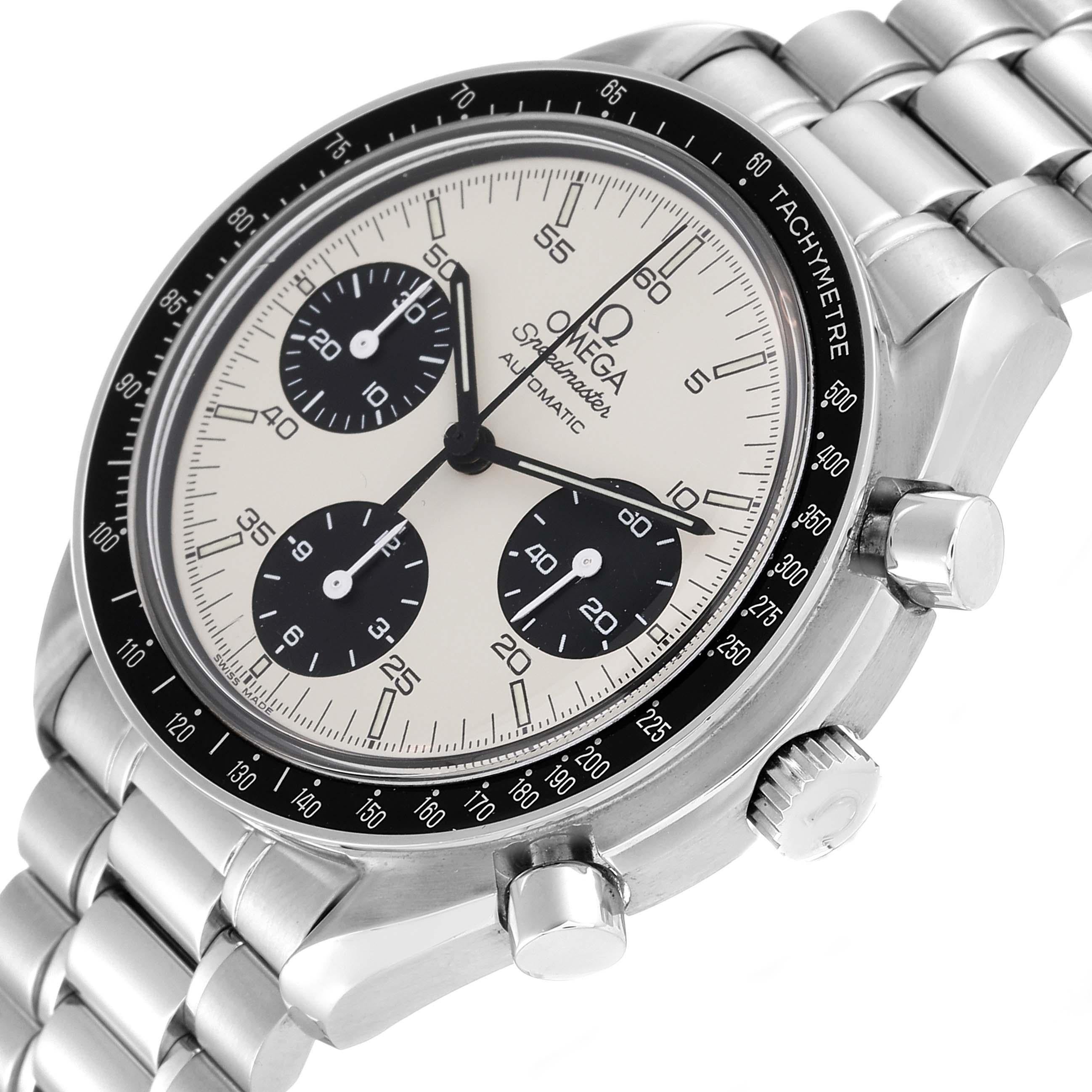 Omega Speedmaster Reduced Marui Limited Edition Steel Mens Watch 3510.21.00 Box Card. Automatic self-winding chronograph movement. Stainless steel round case 39 mm in diameter. Black bezel with tachymetre function. Hesalite crystal. Silver dial with