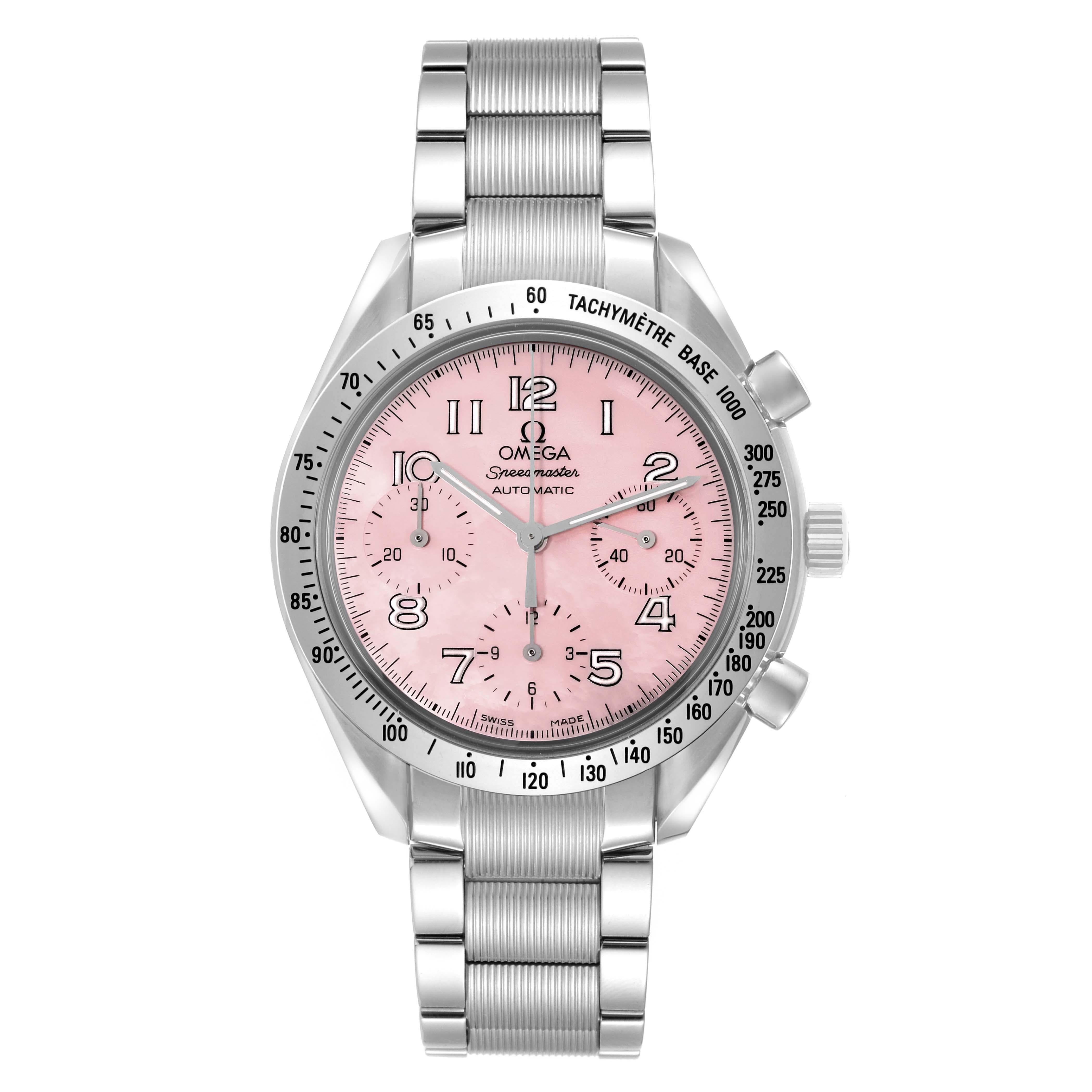 Omega Speedmaster Reduced Pink MOP Dial Mens Watch 3502.78.00 Box Card. Automatic self-winding chronograph movement. Stainless steel round case 39 mm in diameter. Stainless steel bezel with tachymetre function. Hesalite acrylic crystal. Pink mother