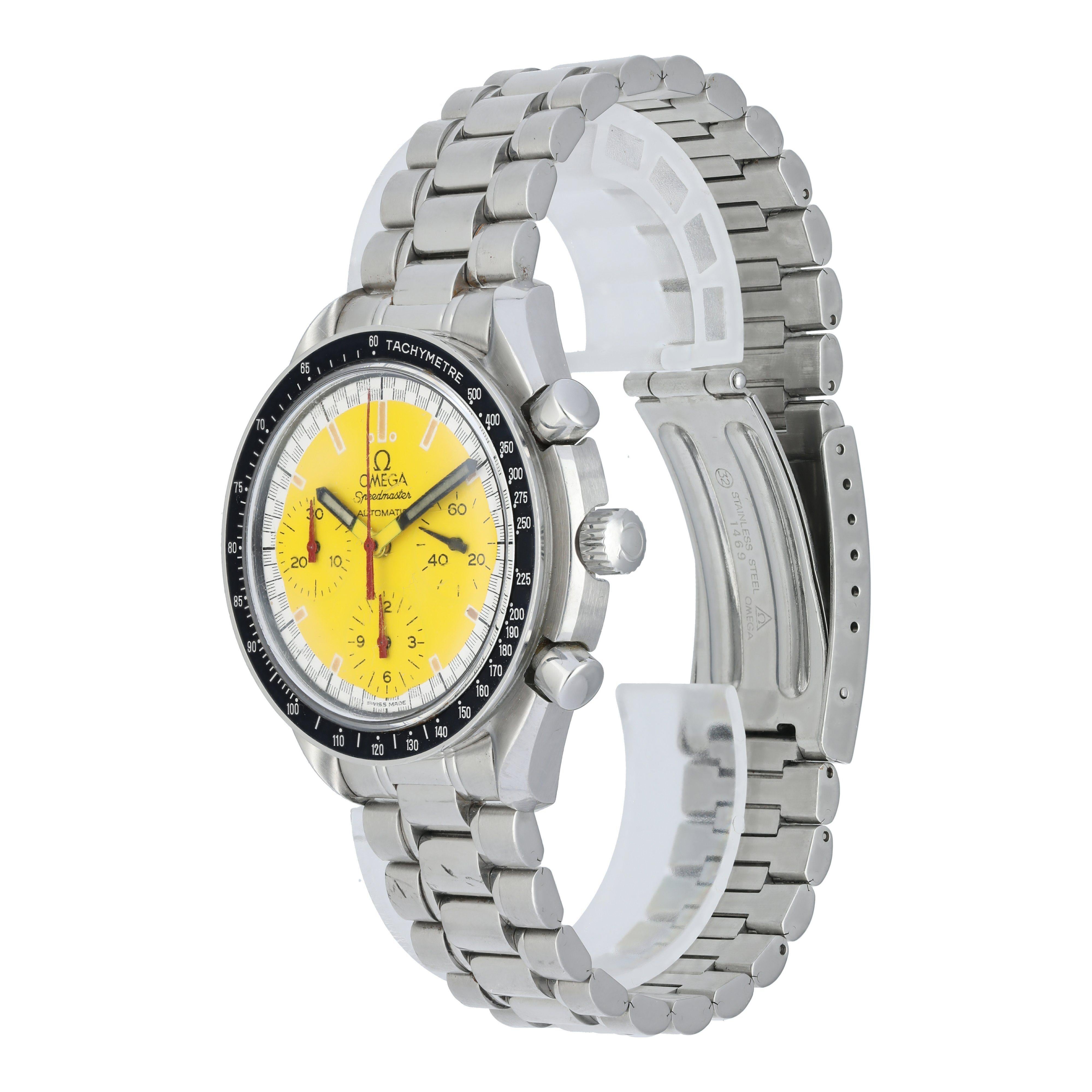 Omega Speedmaster 3810.12.40 Men's Watch. 
39mm Stainless Steel case. 
Stainless Steel Tachymeter bezel with black bezel insert. 
Yellow dial with Steel hands and index hour markers. 
Minute markers on the outer dial. 
Stainless Steel Bracelet with