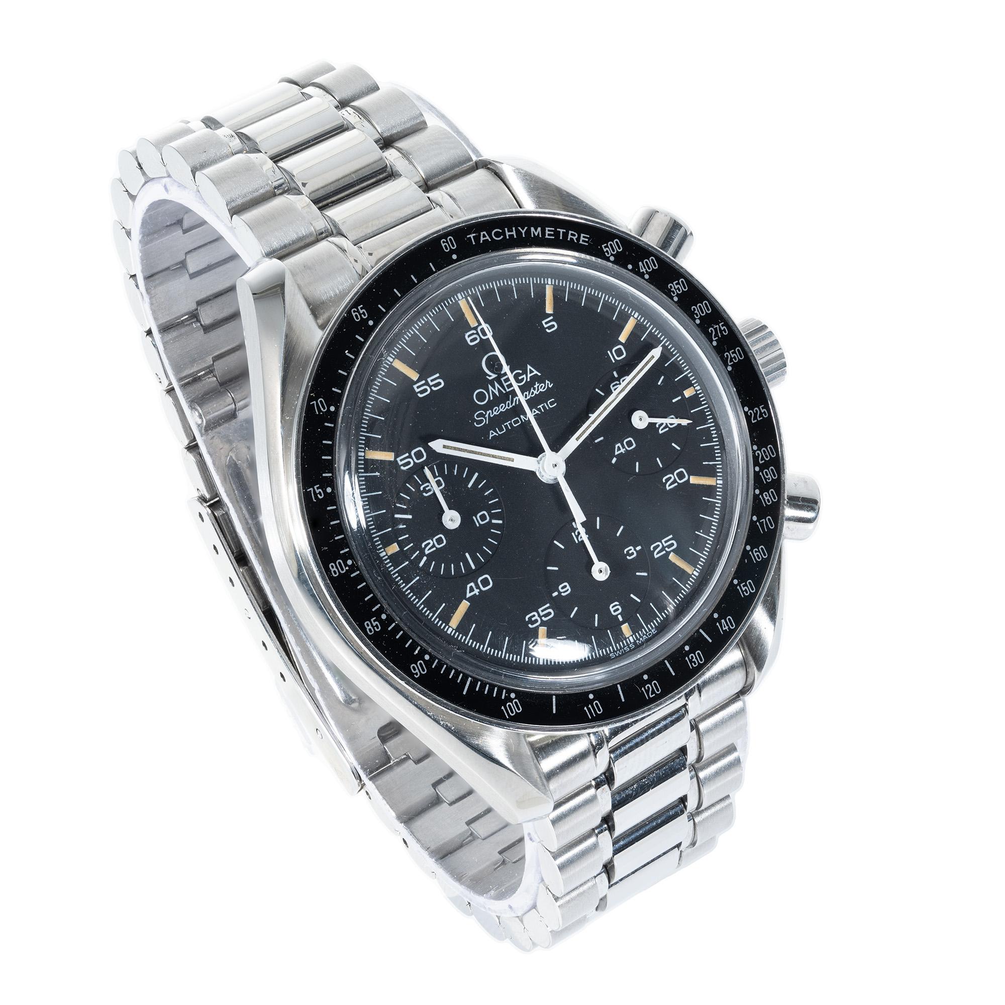 Omega Speedmaster Reduced Steel Mens Chronograph Wristwatch In Good Condition For Sale In Stamford, CT