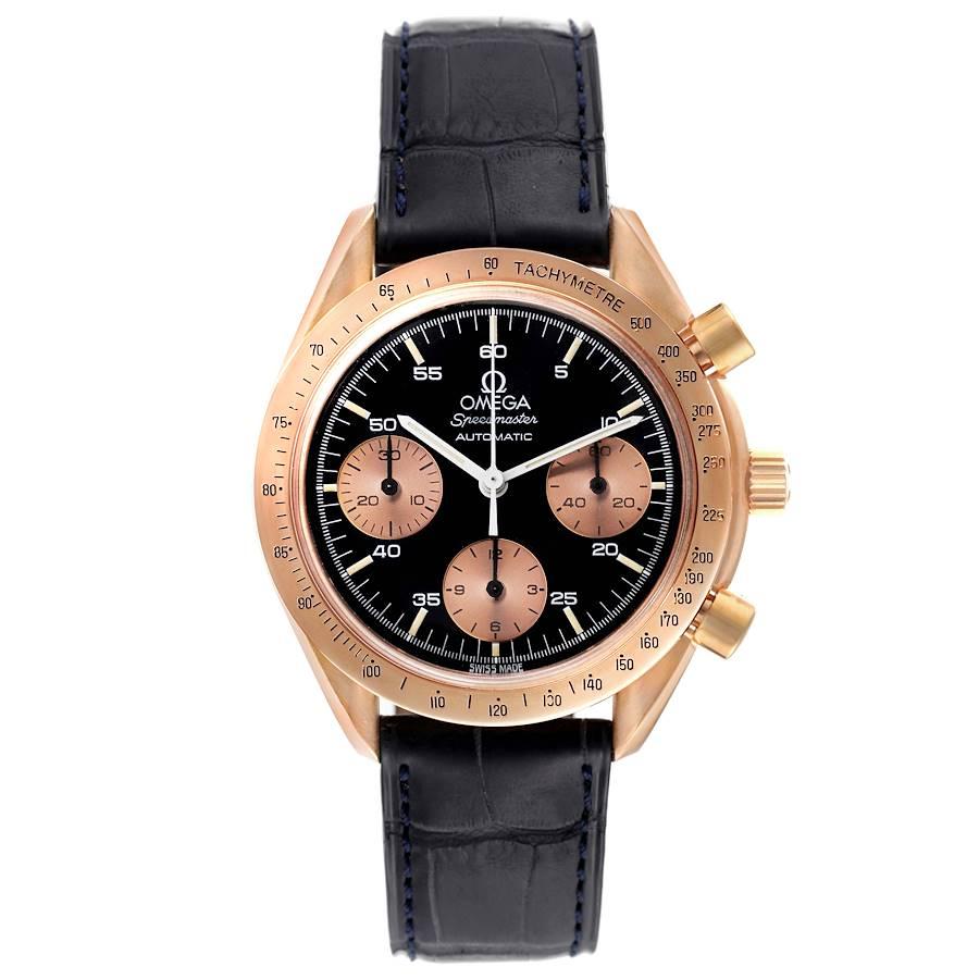 Omega Speedmaster Rose Gold Black Dial Mens Watch 1750033. Automatic self-winding chronograph movement. Rose gold round case 38.0 mm in diameter. 18k rose gold bezel with tachymeter function. Hasalite crystal. Black dial with index hour markers.