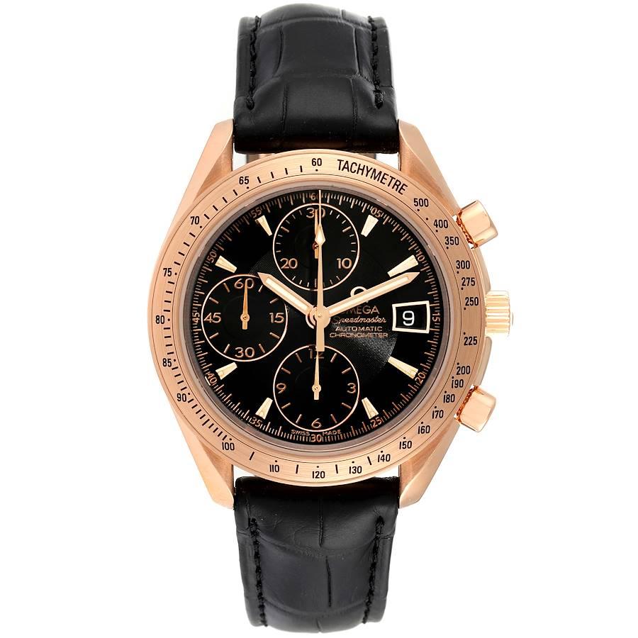 Omega Speedmaster Rose Gold Black Dial Watch 323.53.40.40.01.001 Box Card. Authomatic self-winding winding chronograph movement. 18k rose gold round case 40 mm in diameter. Rose gold bezel with tachymetre function. Scratch-resistant sapphire crystal