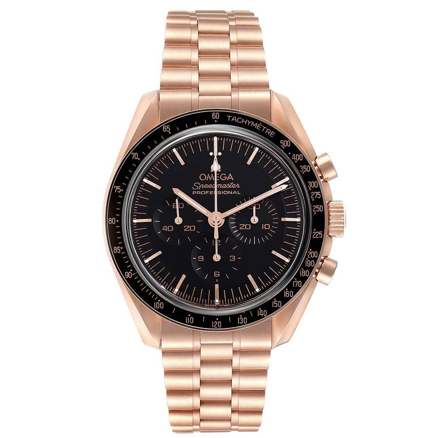 Omega Speedmaster Rose Gold Mens Moonwatch 310.60.42.50.01.001 Unworn. Manual-winding chronograph movement. 18k rose gold round case 42.0 mm in diameter. Exhibition transparent sapphire crystal case back. 18k rose gold bezel with tachymeter
