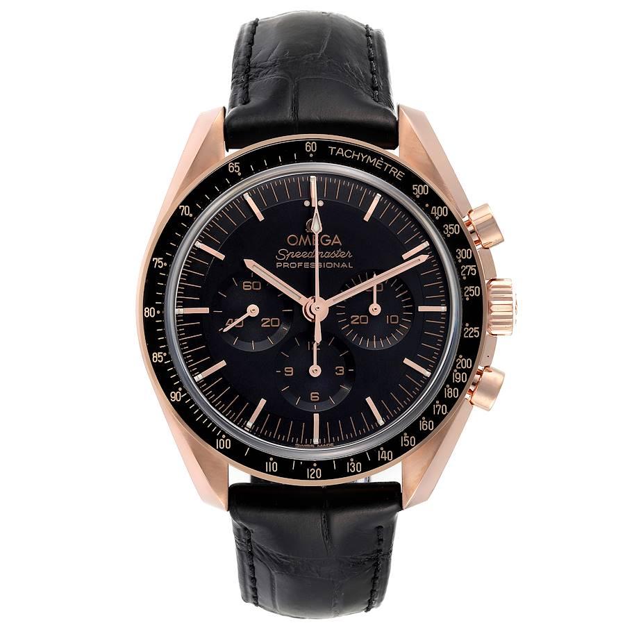 Omega Speedmaster Rose Gold Mens Moonwatch 310.63.42.50.01.001 Box Card. Manual-winding chronograph movement. 18k rose gold round case 42.0 mm in diameter. Exhibition transparent sapphire crystal case back. 18k rose gold bezel with tachymeter